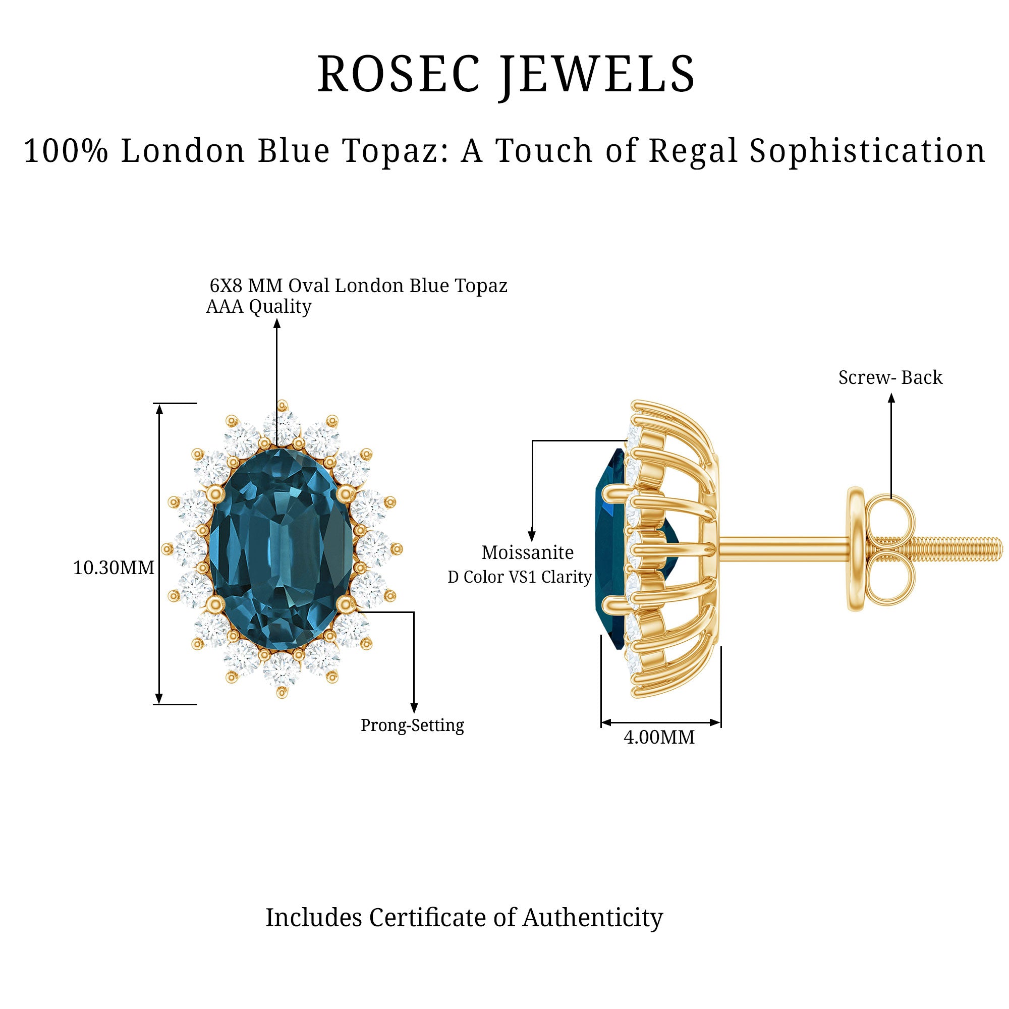 6X8MM Oval London Blue Topaz Stud Earrings with Moissanite Halo AAA - Rosec Jewels