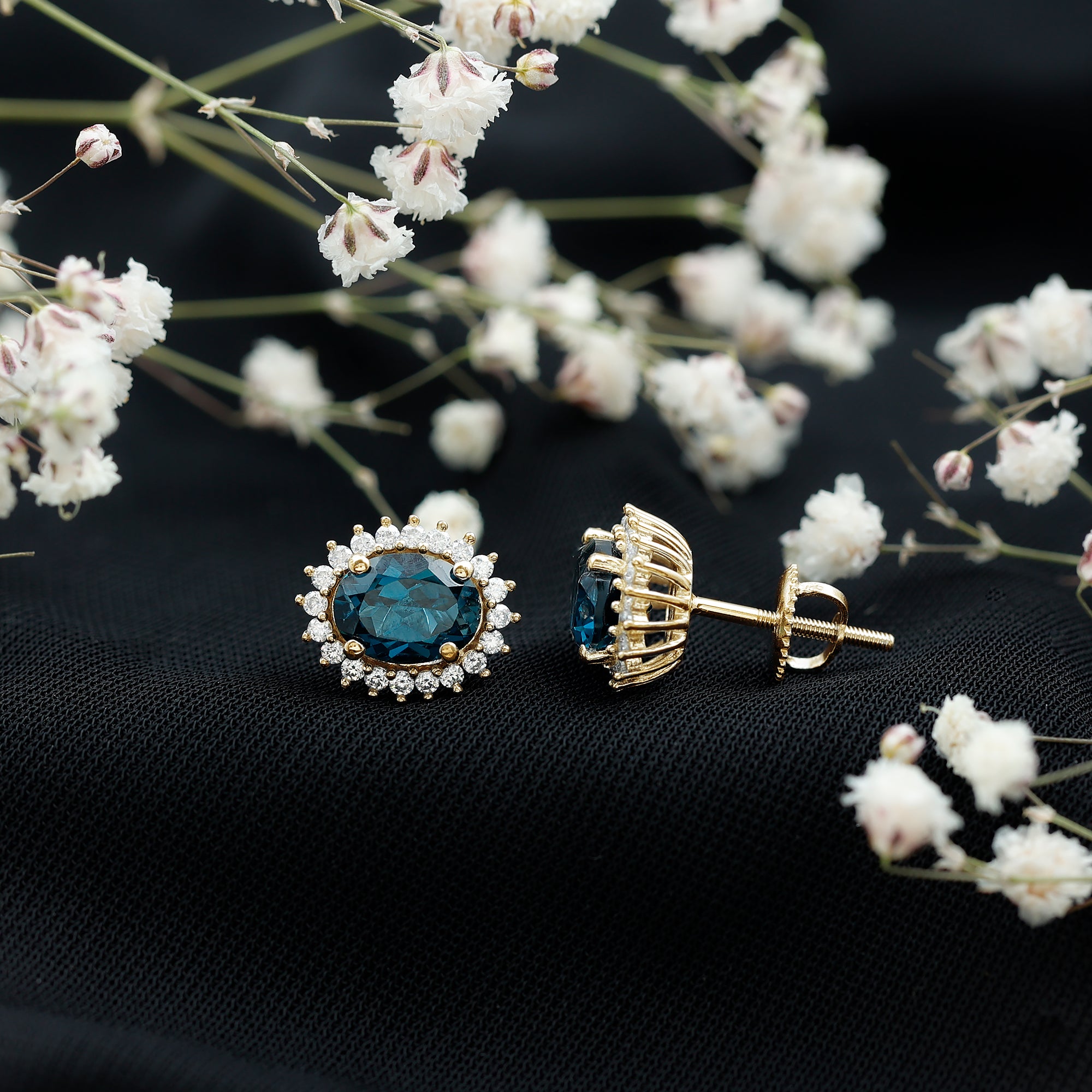 6X8MM Oval London Blue Topaz Stud Earrings with Moissanite Halo AAA - Rosec Jewels