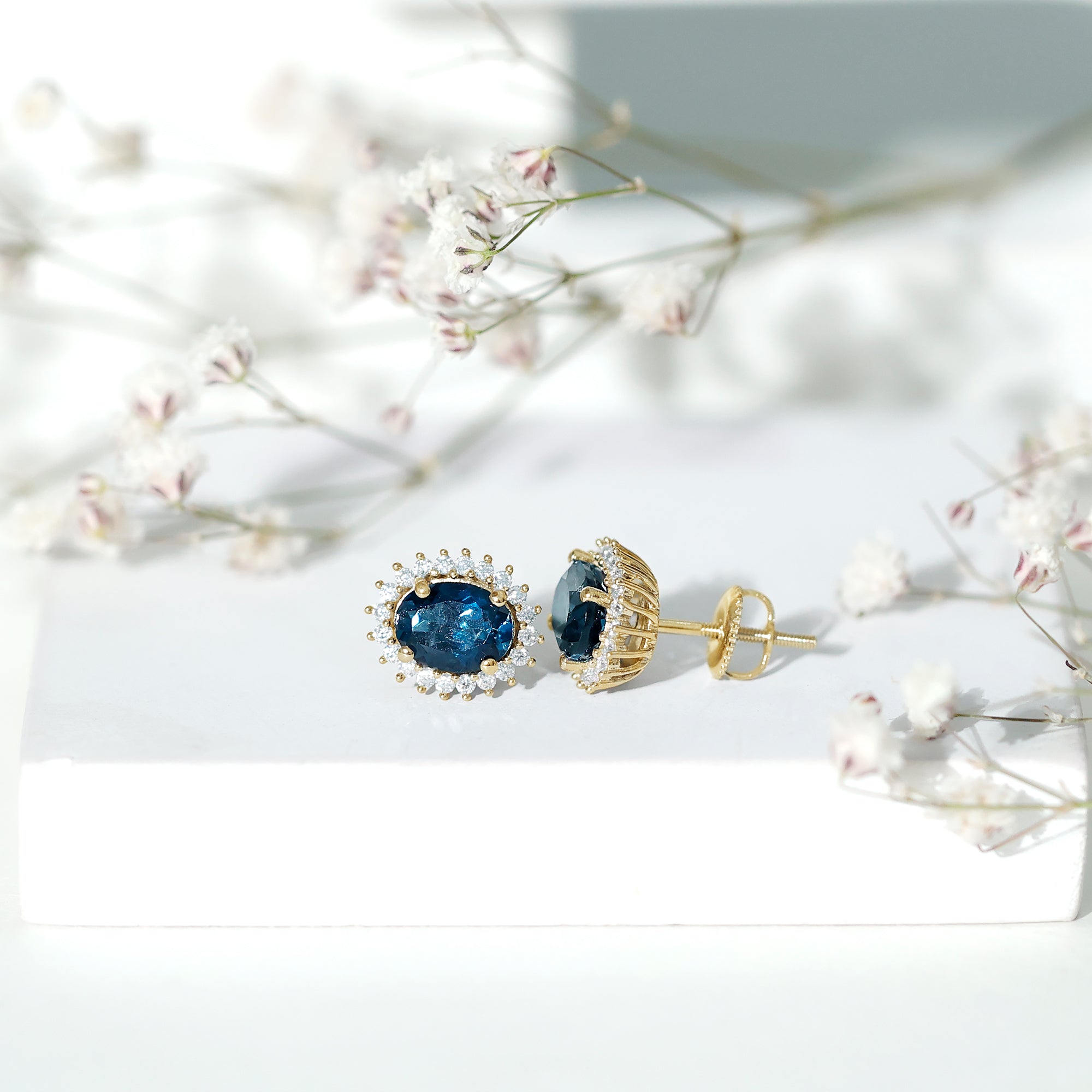 6X8MM Oval London Blue Topaz Stud Earrings with Moissanite Halo AAA - Rosec Jewels