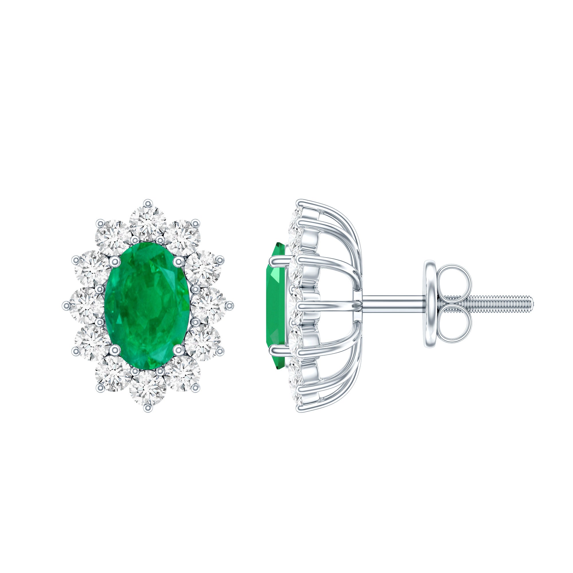 Oval Cut Natural Emerald Stud Earrings with Diamond Halo AAA - Rosec Jewels