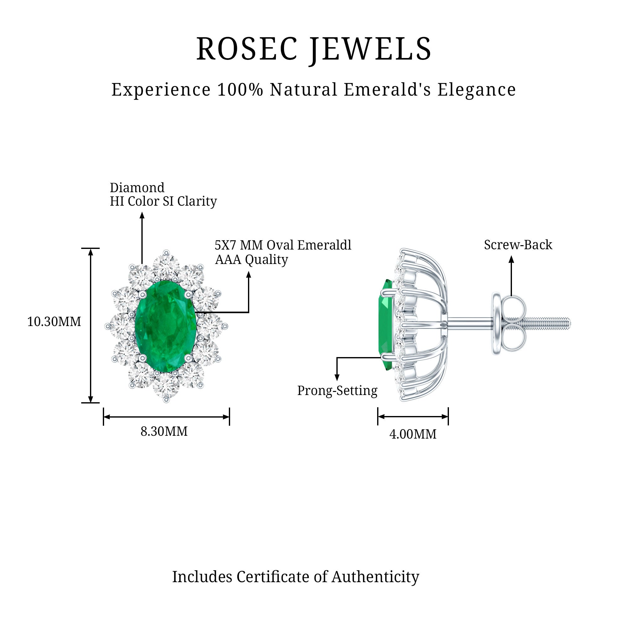 Oval Cut Natural Emerald Stud Earrings with Diamond Halo AAA - Rosec Jewels