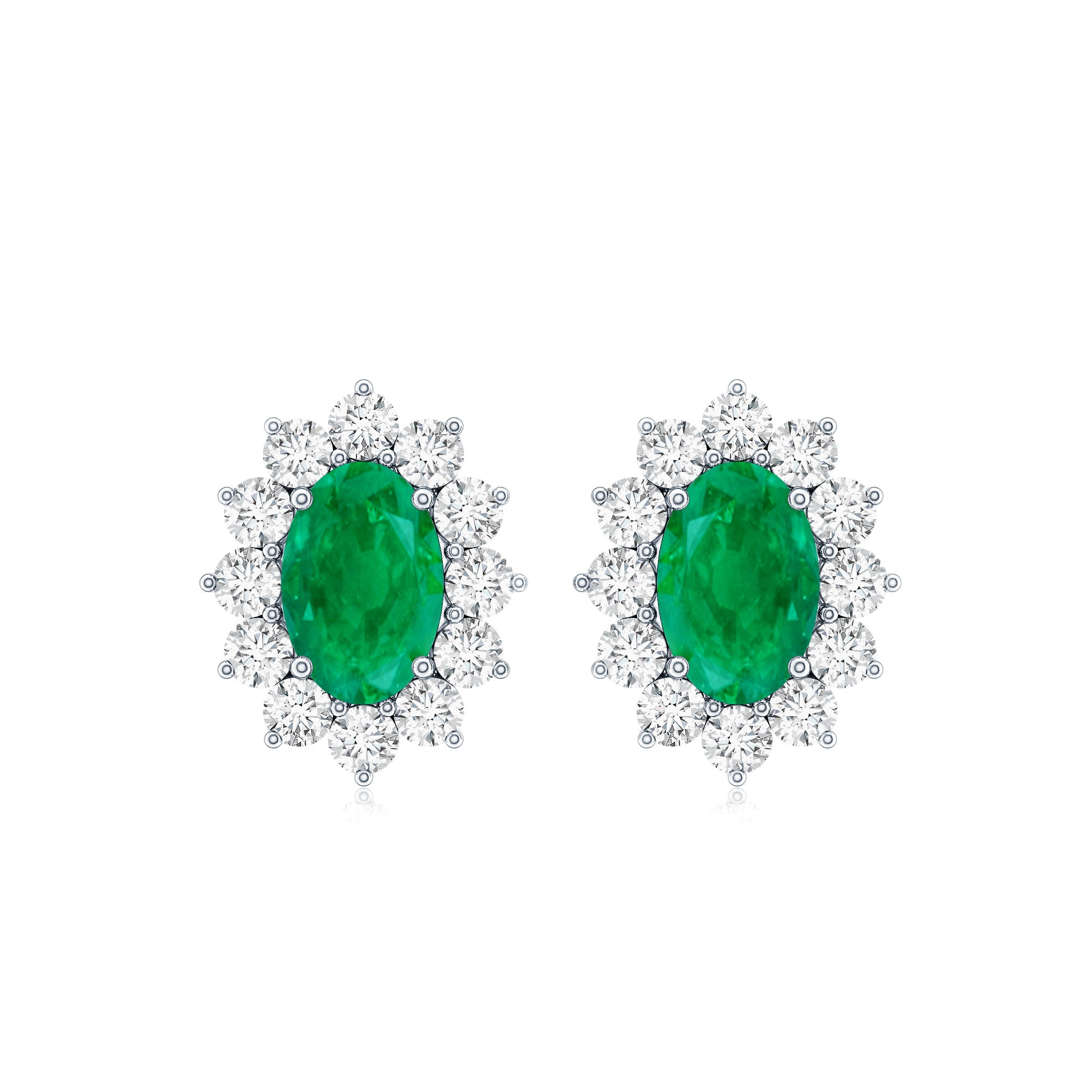 Oval Cut Natural Emerald Stud Earrings with Diamond Halo AAA - Rosec Jewels