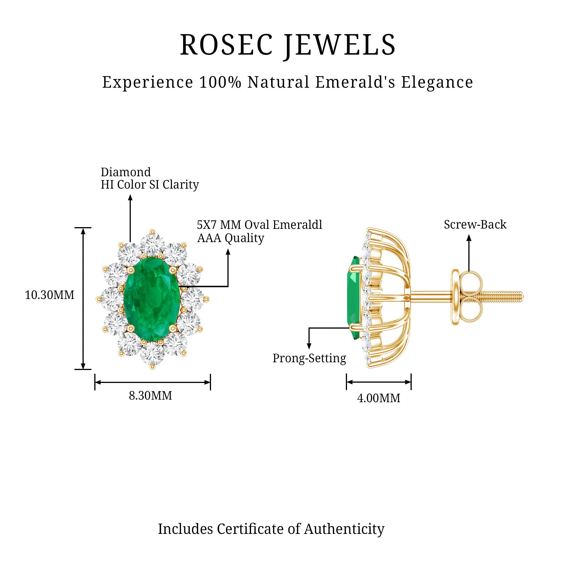 Oval Cut Natural Emerald Stud Earrings with Diamond Halo AAA - Rosec Jewels