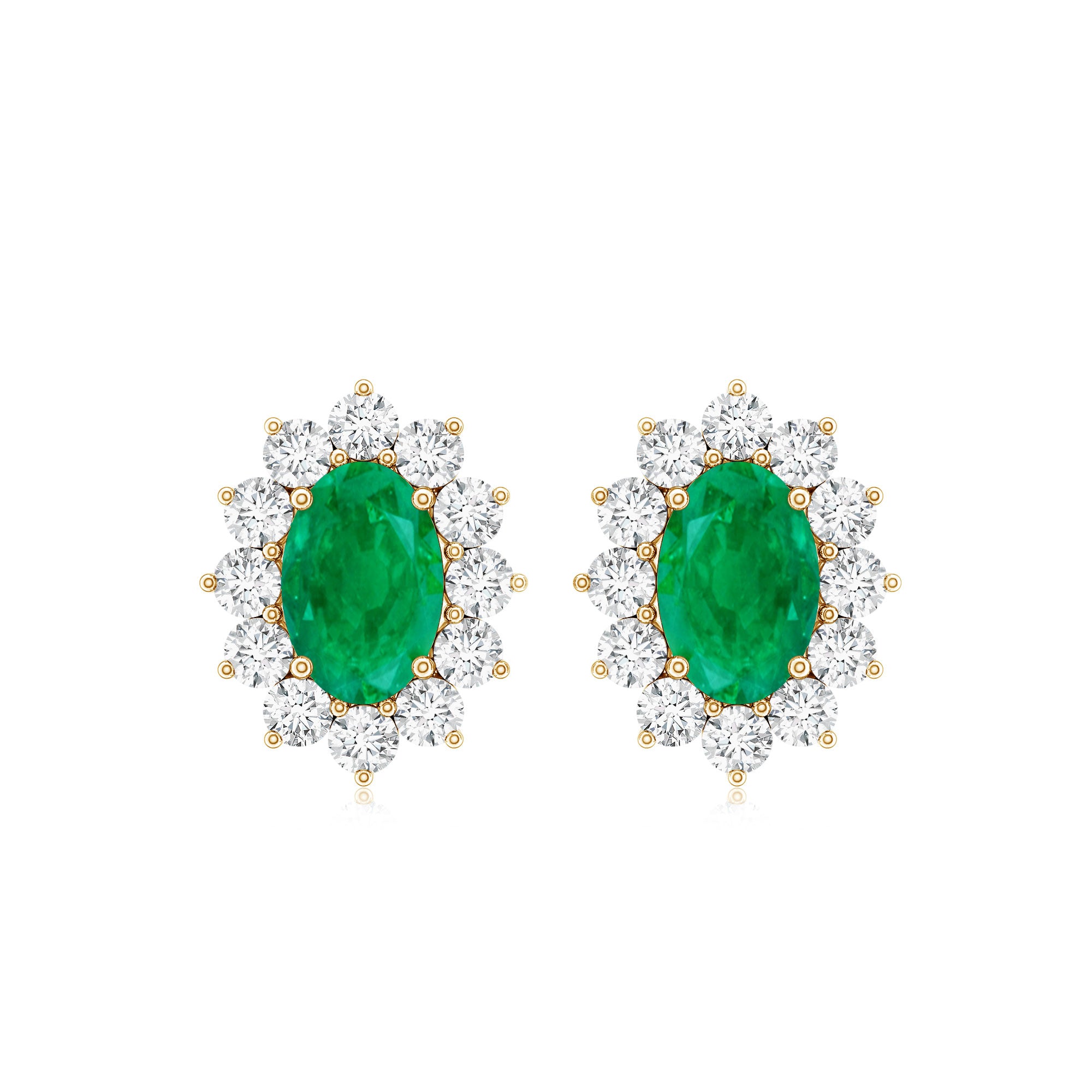Oval Cut Natural Emerald Stud Earrings with Diamond Halo AAA - Rosec Jewels