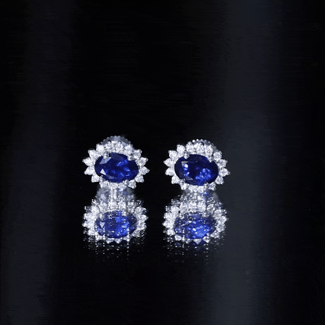 Lab Created Blue Sapphire Oval Stud Earrings with Moissanite Halo AAAA - Rosec Jewels
