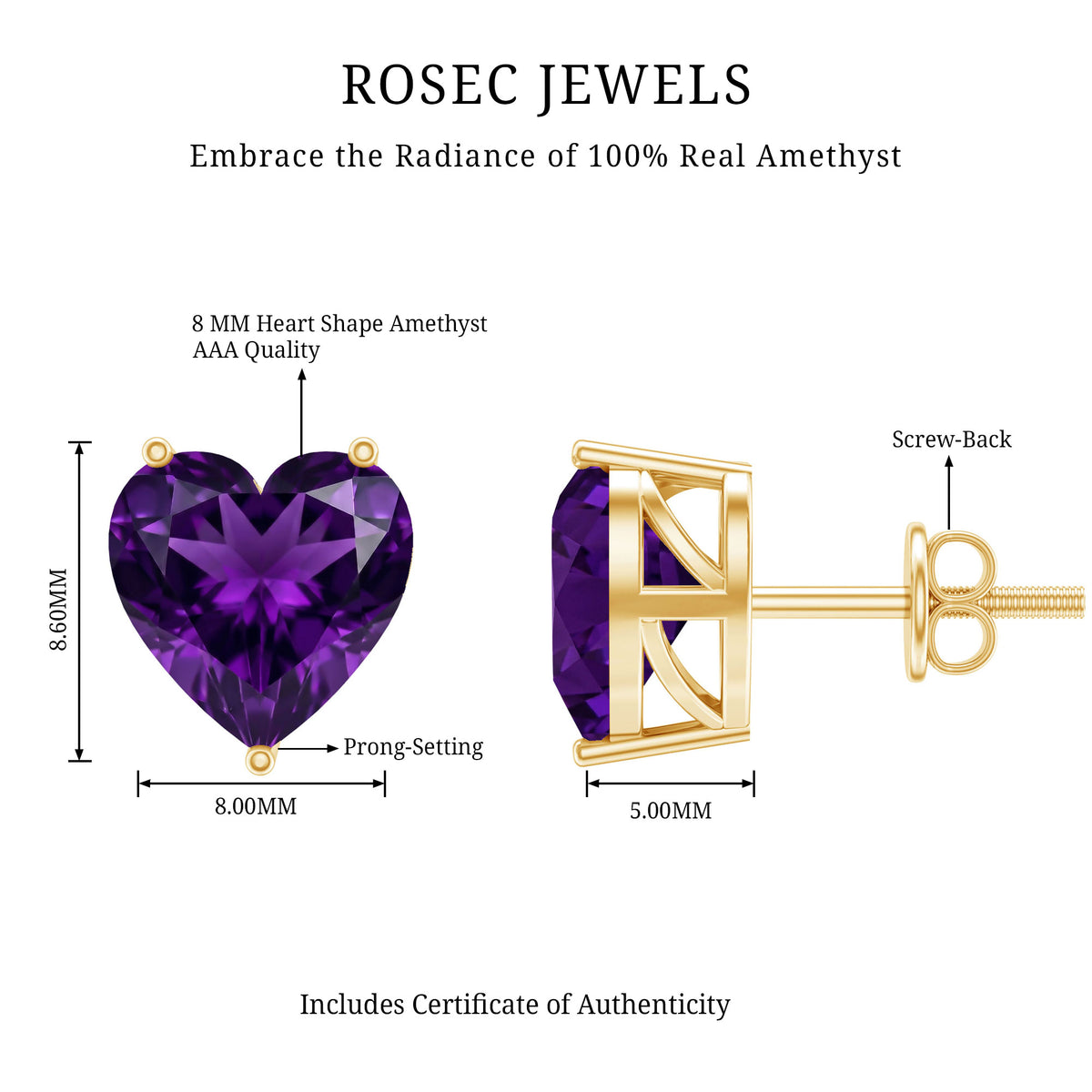 Heart Shape Amethyst Solitaire Stud Earrings for Her AAA - Rosec Jewels