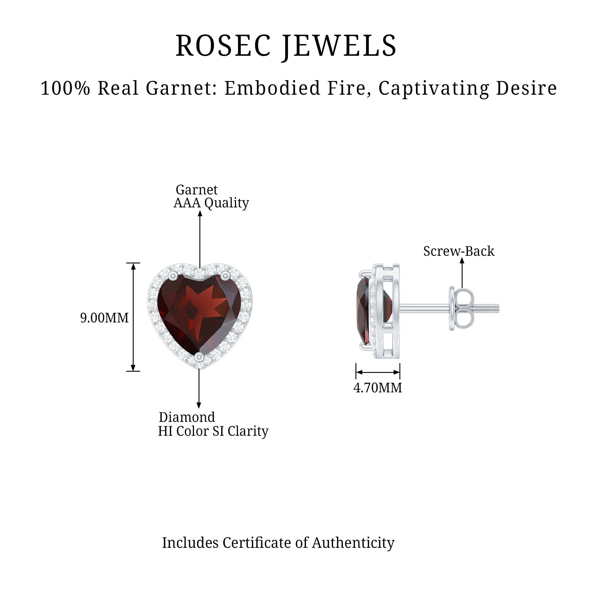 8 CT Heart Shape Garnet Stud Earrings with Diamond Halo AAA - Rosec Jewels