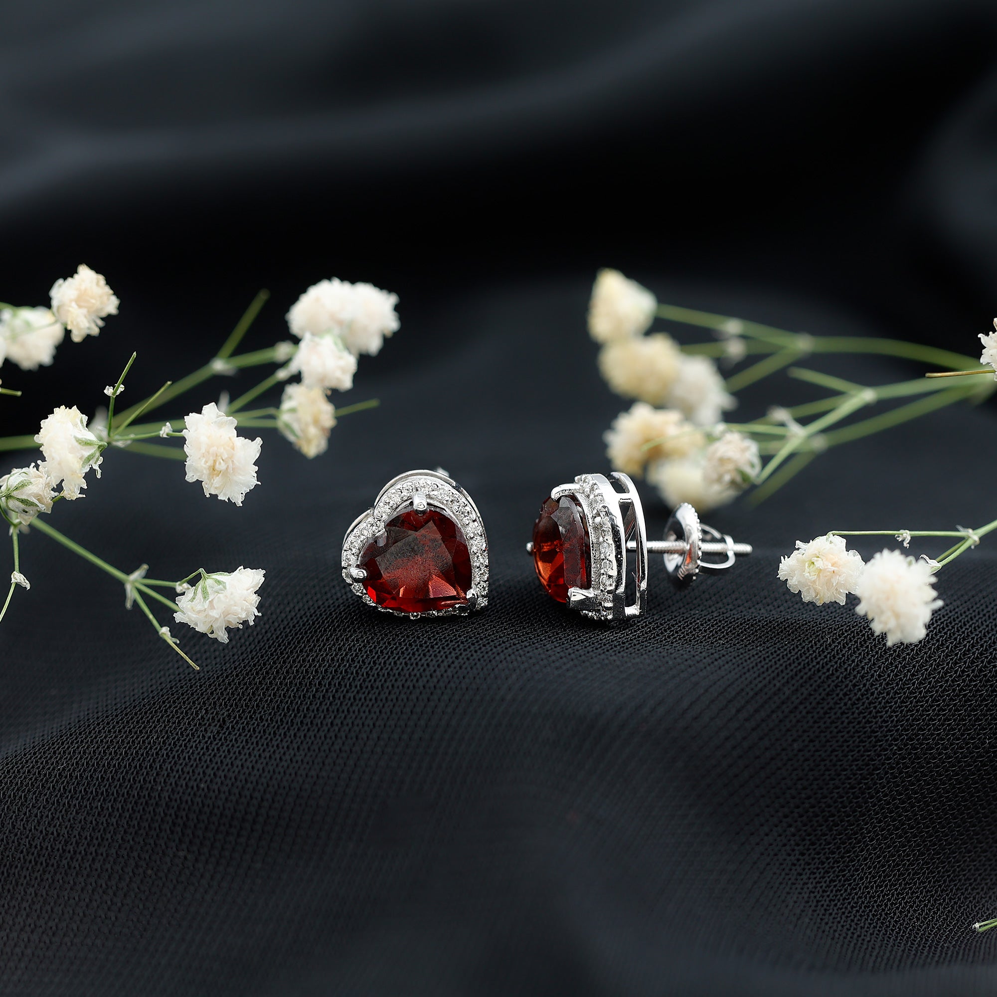 8 CT Heart Shape Garnet Stud Earrings with Diamond Halo AAA - Rosec Jewels