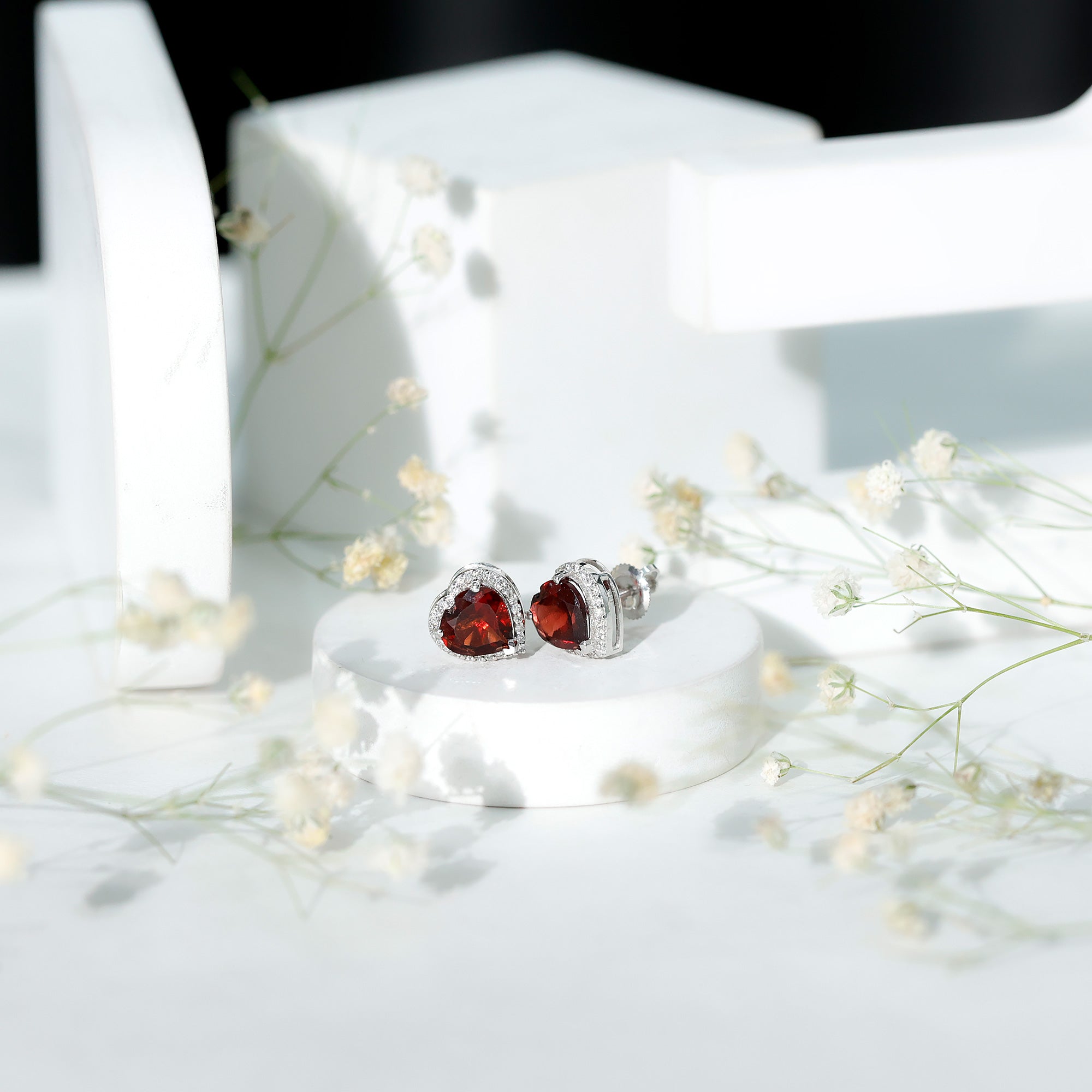 8 CT Heart Shape Garnet Stud Earrings with Diamond Halo AAA - Rosec Jewels