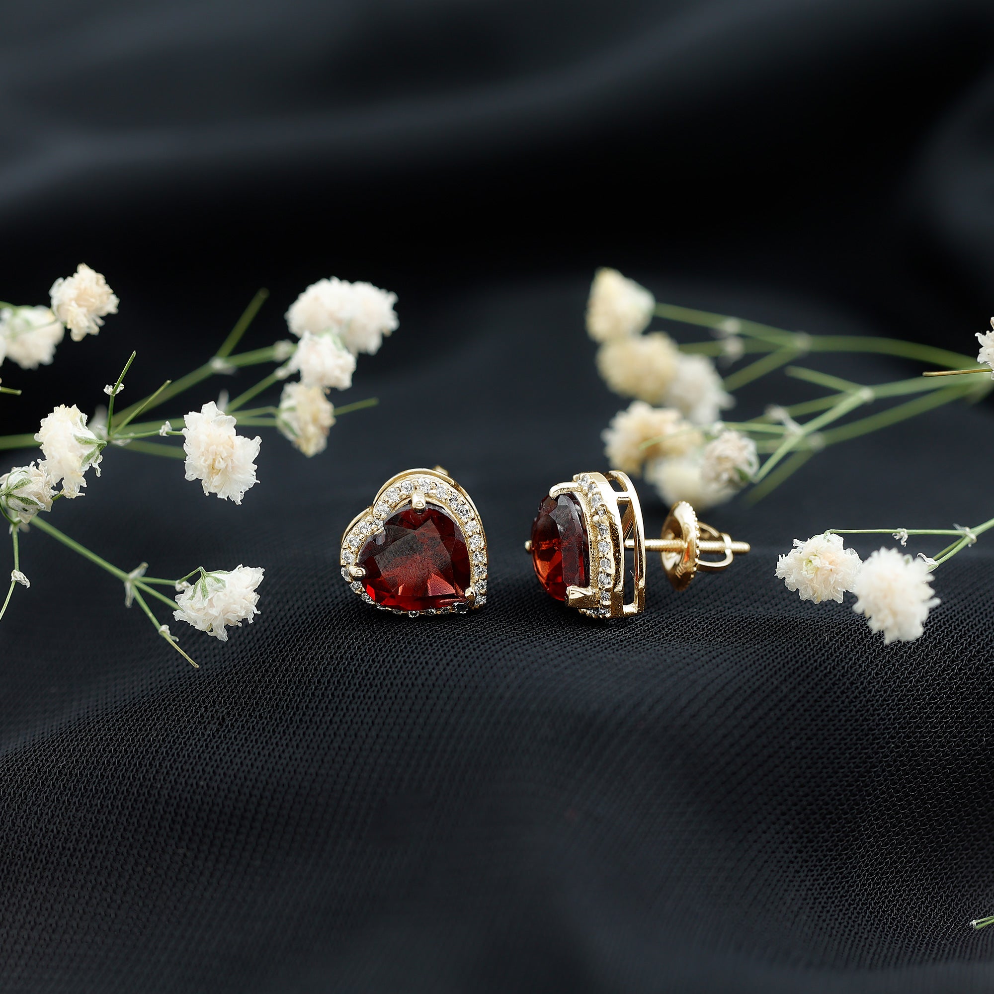 8 CT Heart Shape Garnet Stud Earrings with Diamond Halo AAA - Rosec Jewels