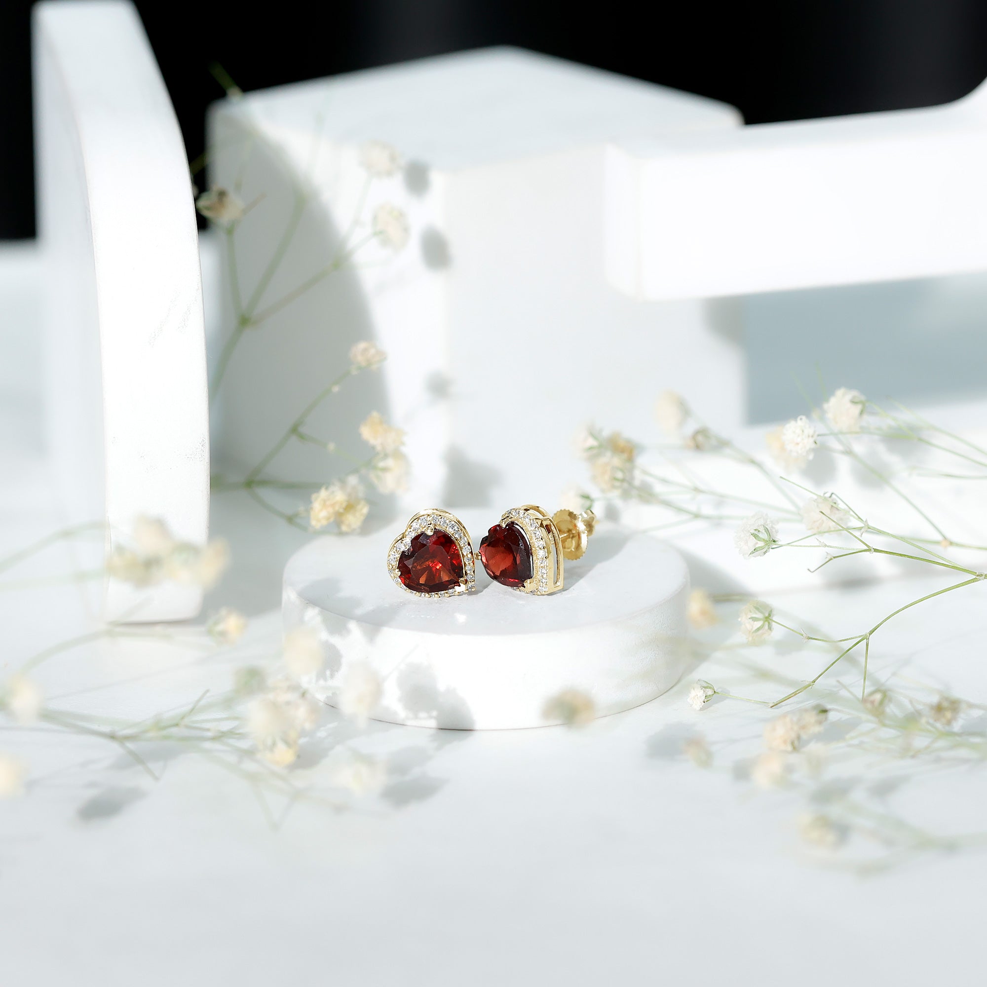 8 CT Heart Shape Garnet Stud Earrings with Diamond Halo AAA - Rosec Jewels