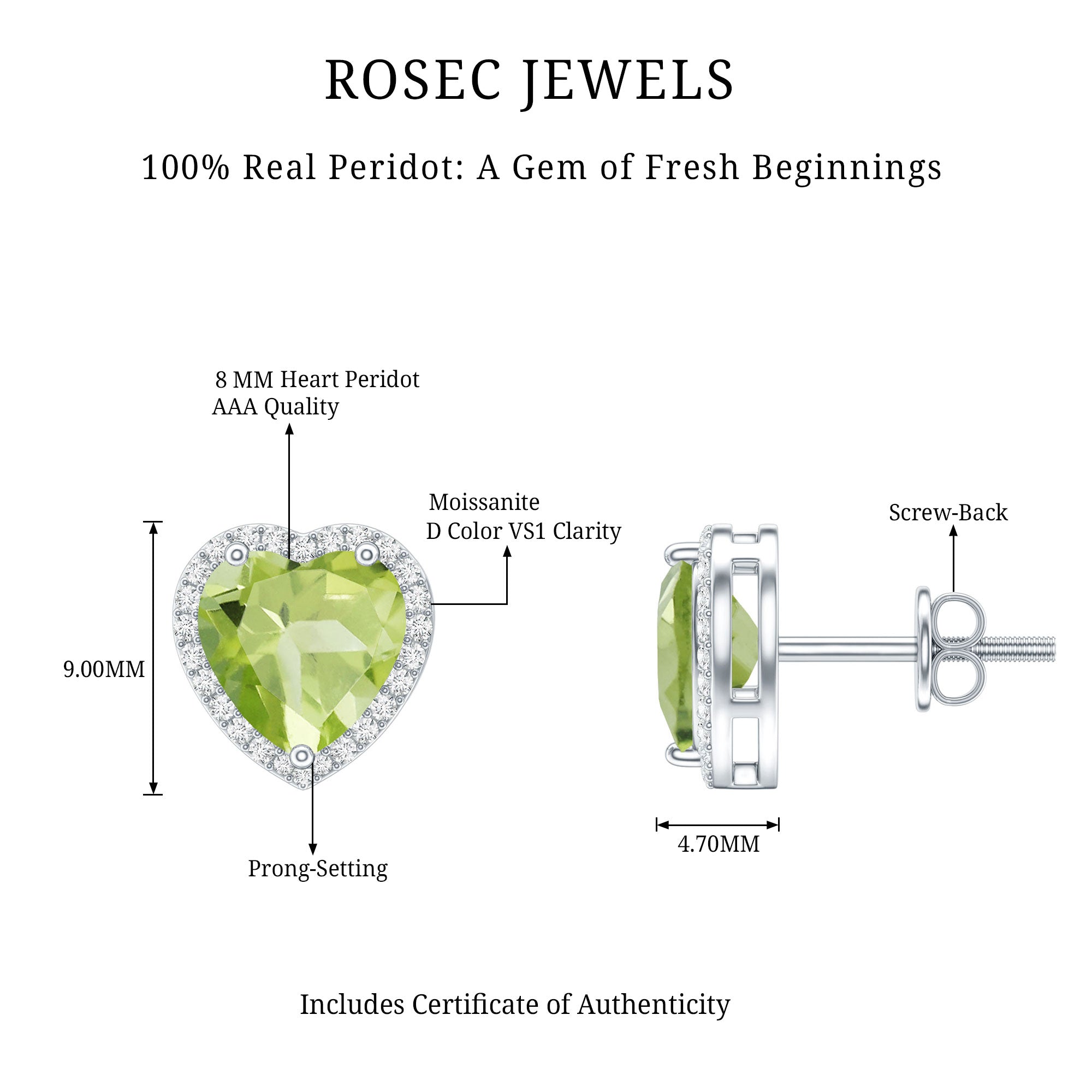 Certified Real 4.2 Carat Peridot Heart Earrings with Moissanite Halo AAA - Rosec Jewels