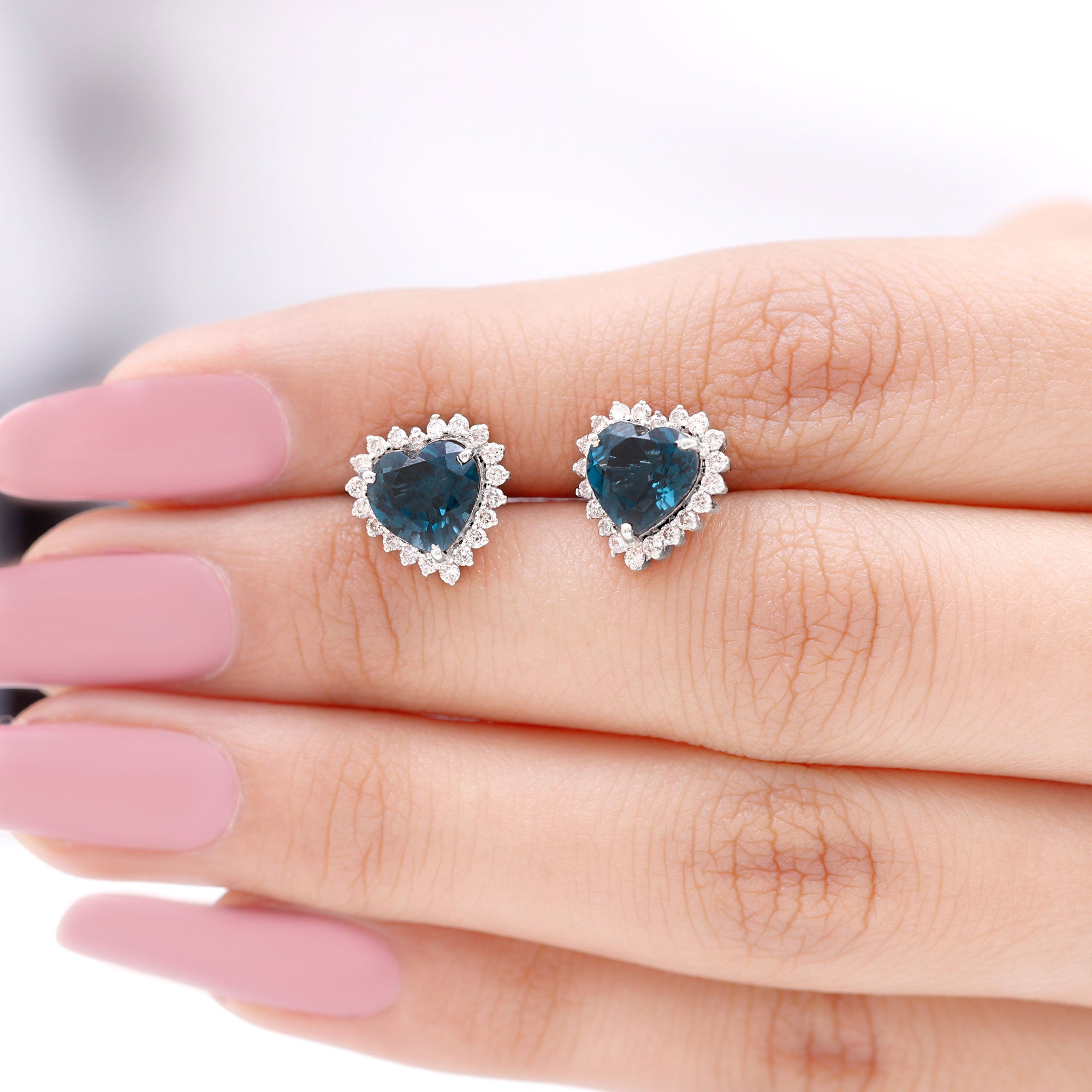 Heart Shape London Blue Topaz and Diamond Stud Earrings AAA - Rosec Jewels