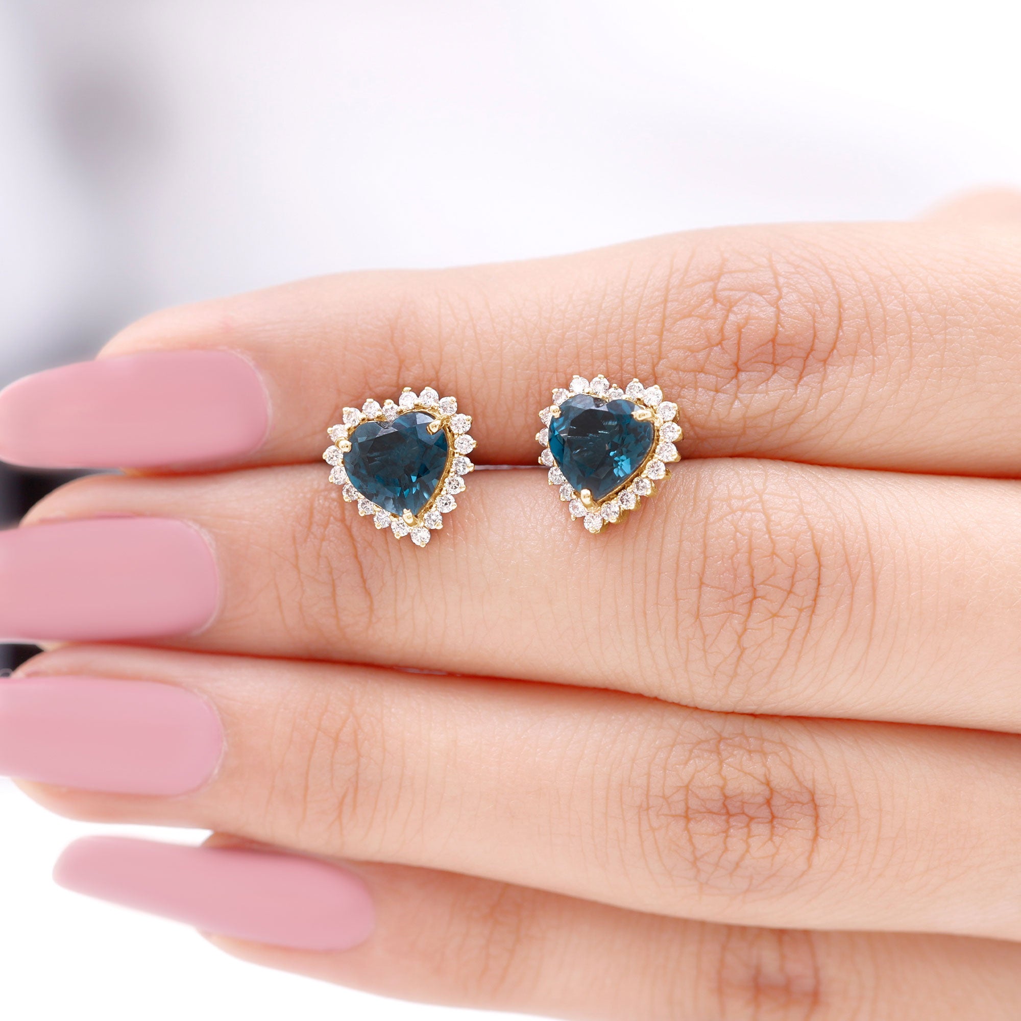 Heart Shape London Blue Topaz and Diamond Stud Earrings AAA - Rosec Jewels