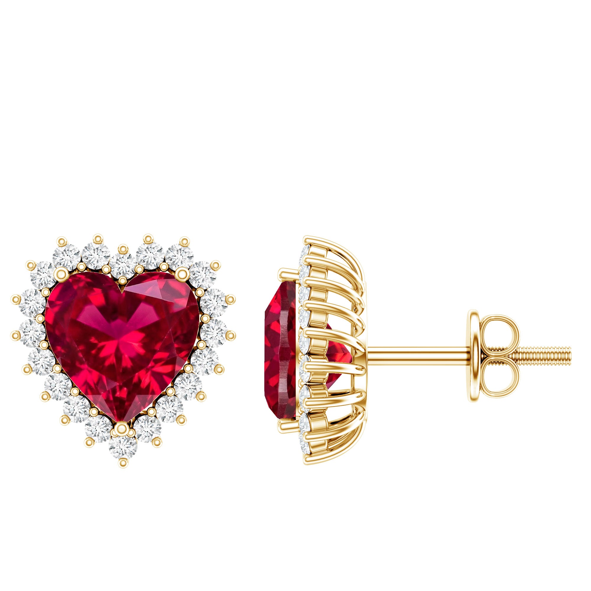 Lab Created Ruby Heart Studs with Diamond Halo AAAA - Rosec Jewels