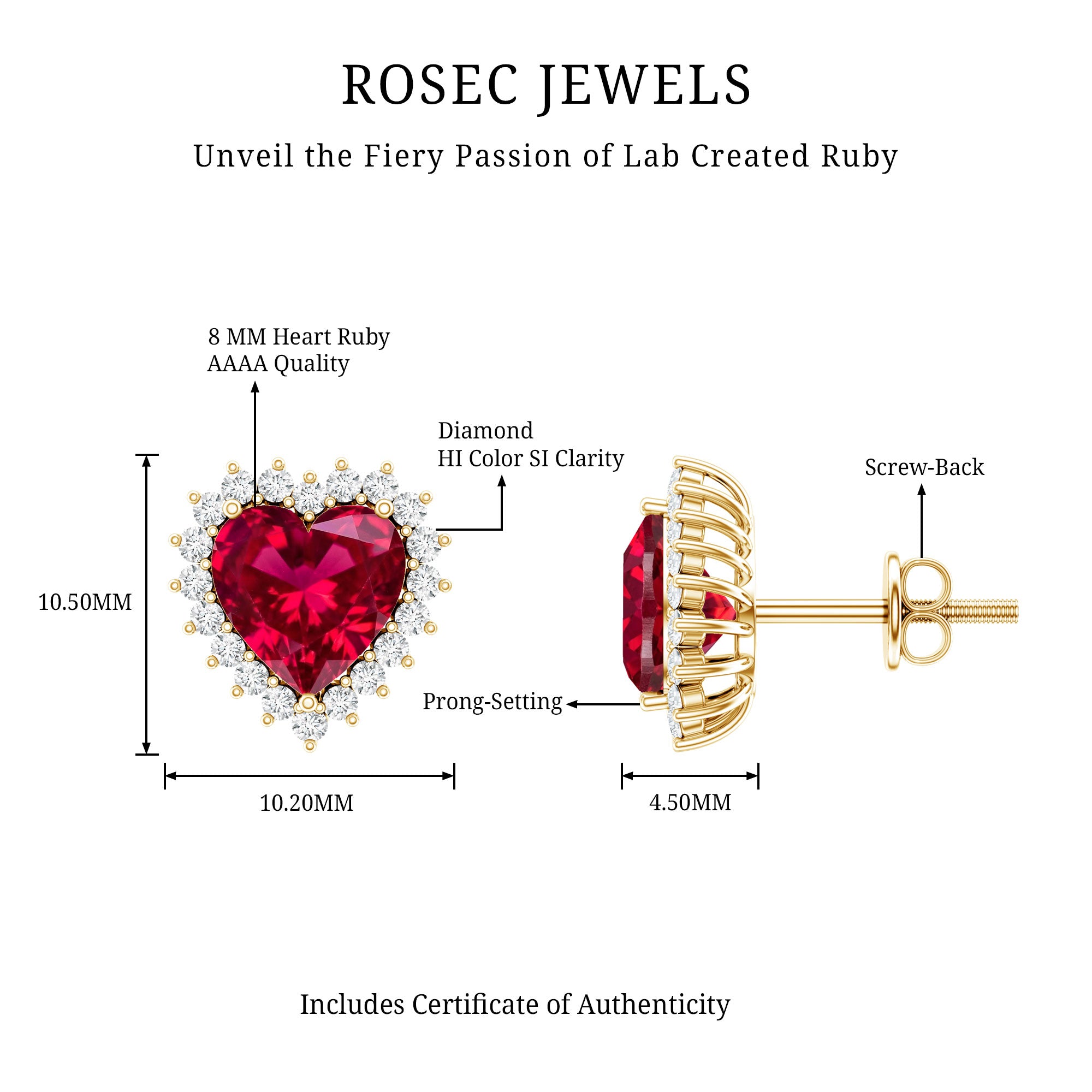 Lab Created Ruby Heart Studs with Diamond Halo AAAA - Rosec Jewels