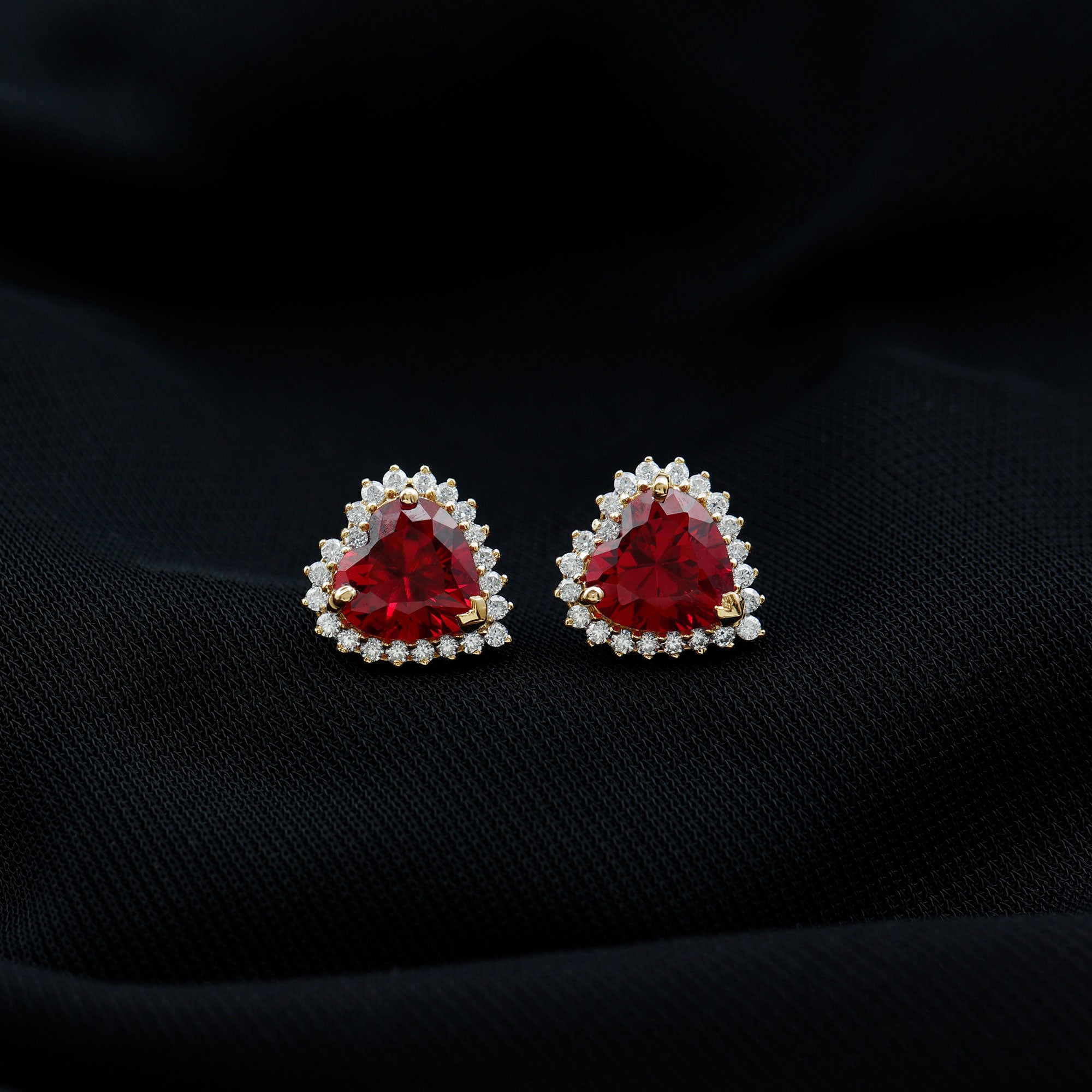 Lab Created Ruby Heart Studs with Diamond Halo AAAA - Rosec Jewels