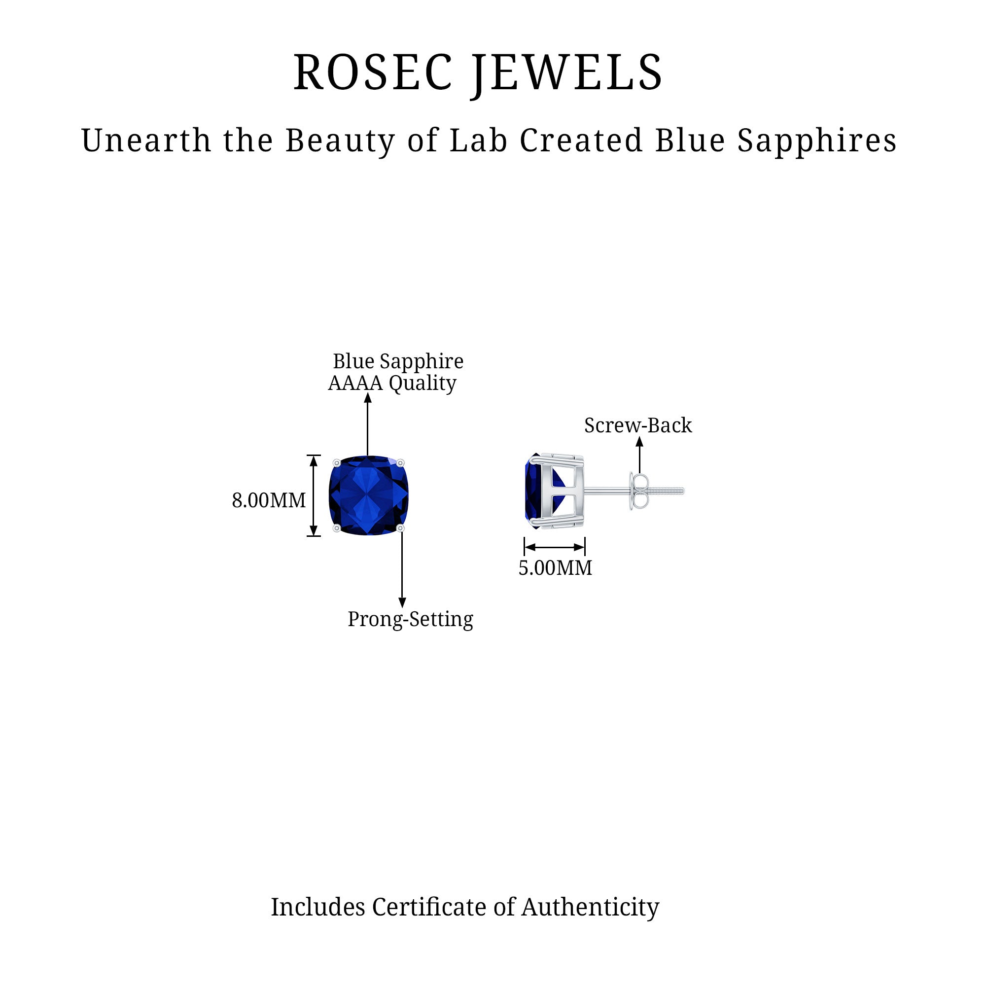 3 CT Lab Grown Blue Sapphire Solitaire Stud Earring With Certificate AAAA - Rosec Jewels