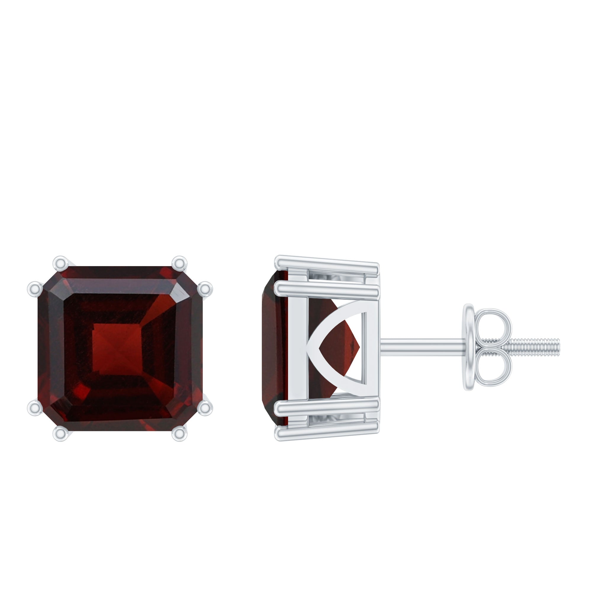 8 MM Asscher Cut Garnet Solitaire Stud Earrings in Double Prong Setting