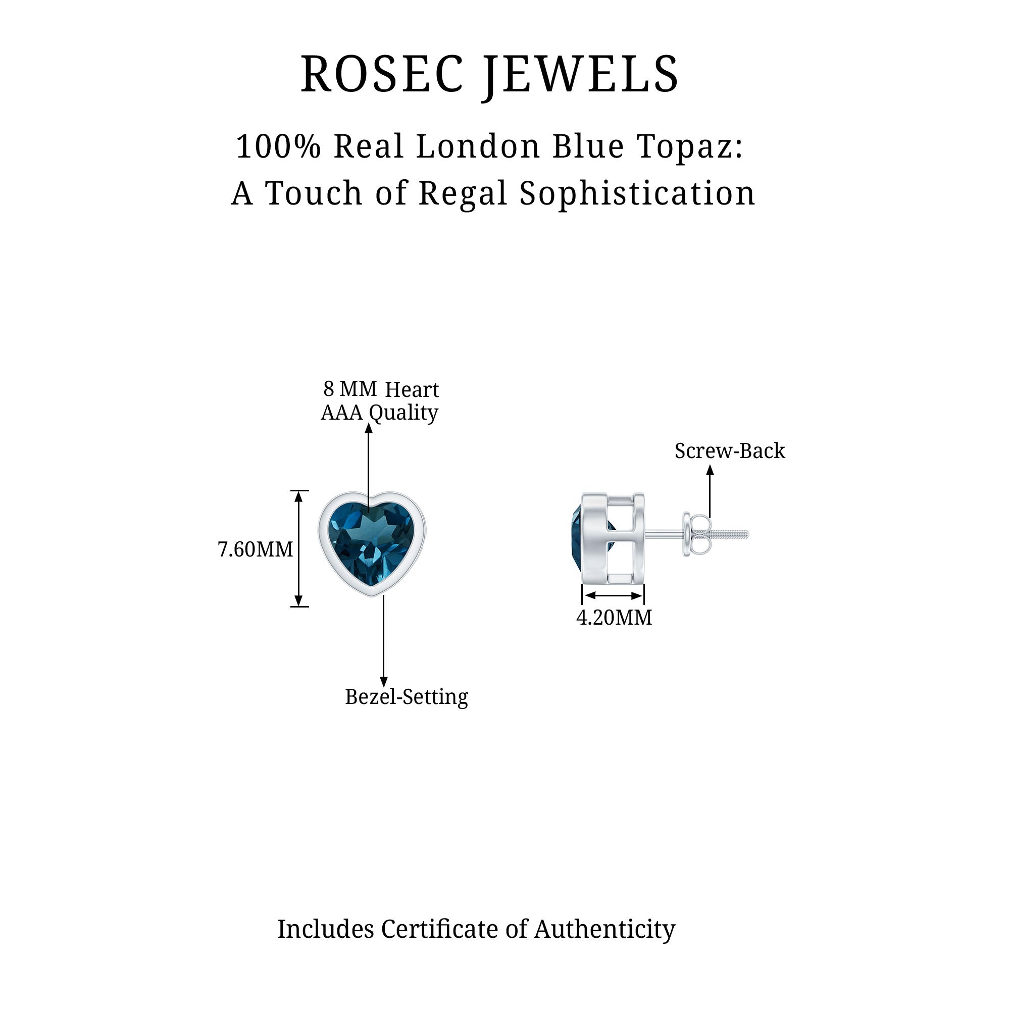 3 CT London Blue Topaz Heart Stud Earrings for Women AAA - Rosec Jewels