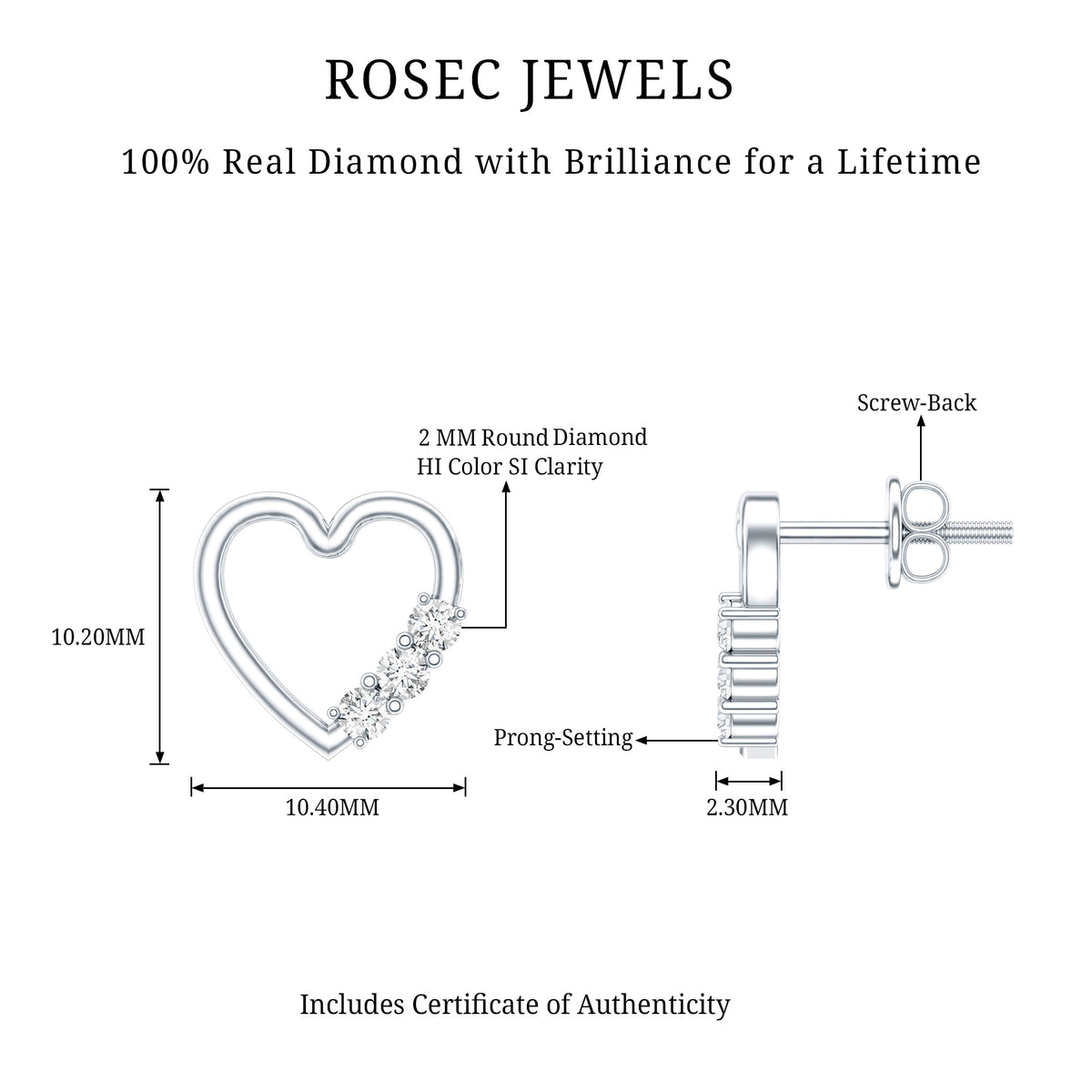 Diamond Heart Shape Stud Earring for Women Natural - ( HI-SI ) - Rosec Jewels