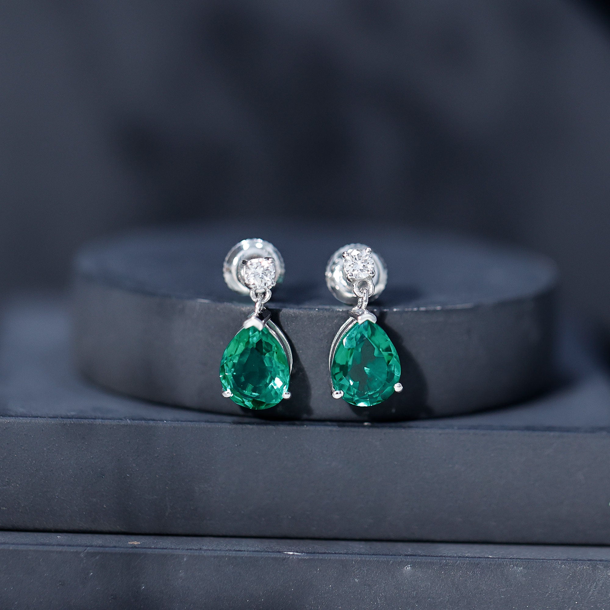 3.4 Carat Pear Cut Lab Created Emerald and Diamond Teardrop Earrings AAAA - Rosec Jewels