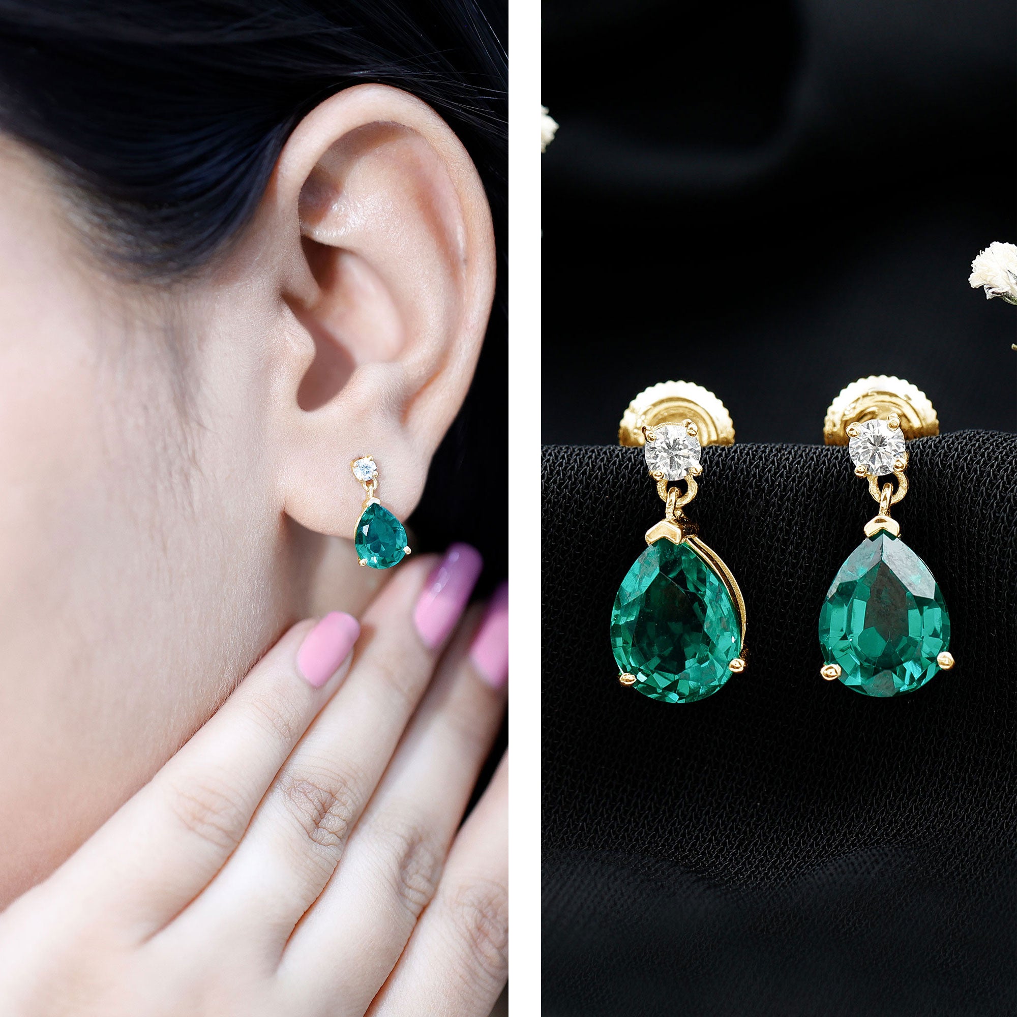 3.4 Carat Pear Cut Lab Created Emerald and Diamond Teardrop Earrings AAAA - Rosec Jewels