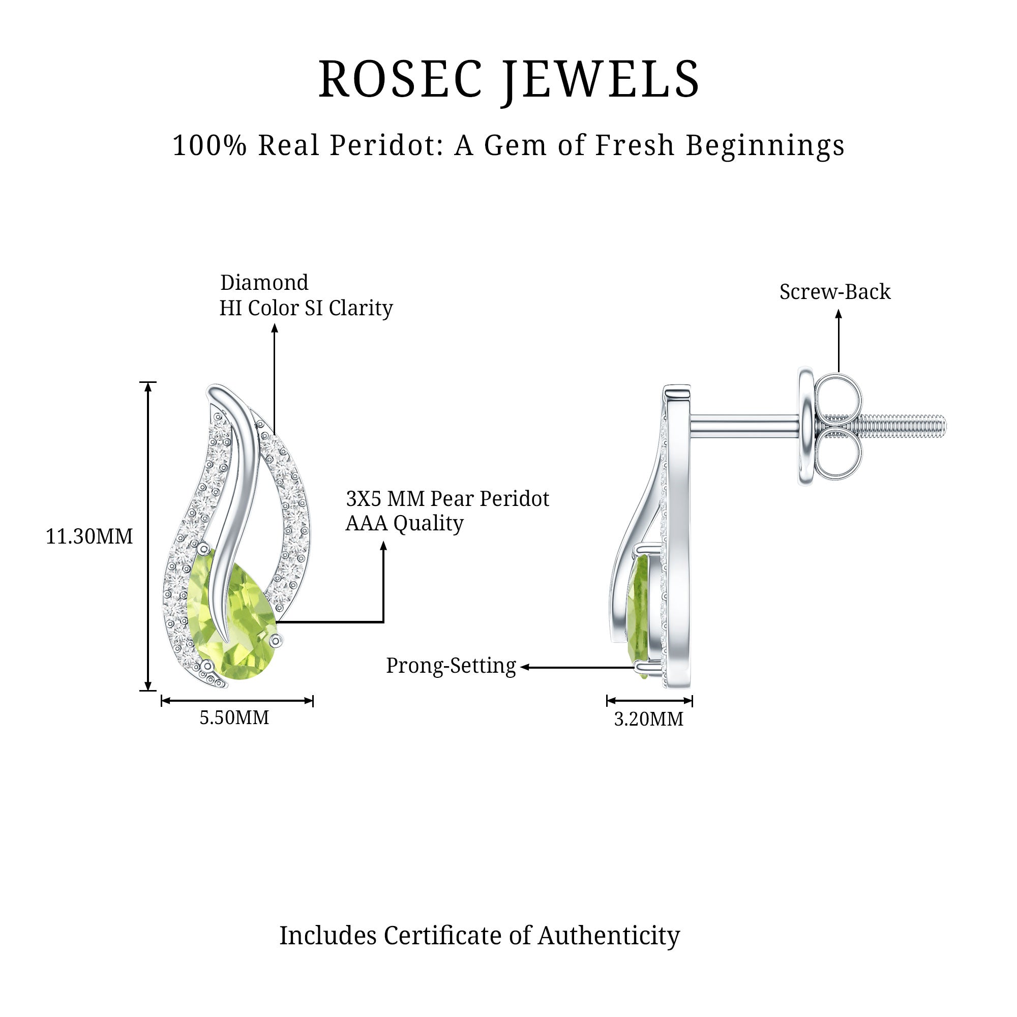 Natural Peridot Leaf Earrings with Diamond for Women AAA - Rosec Jewels