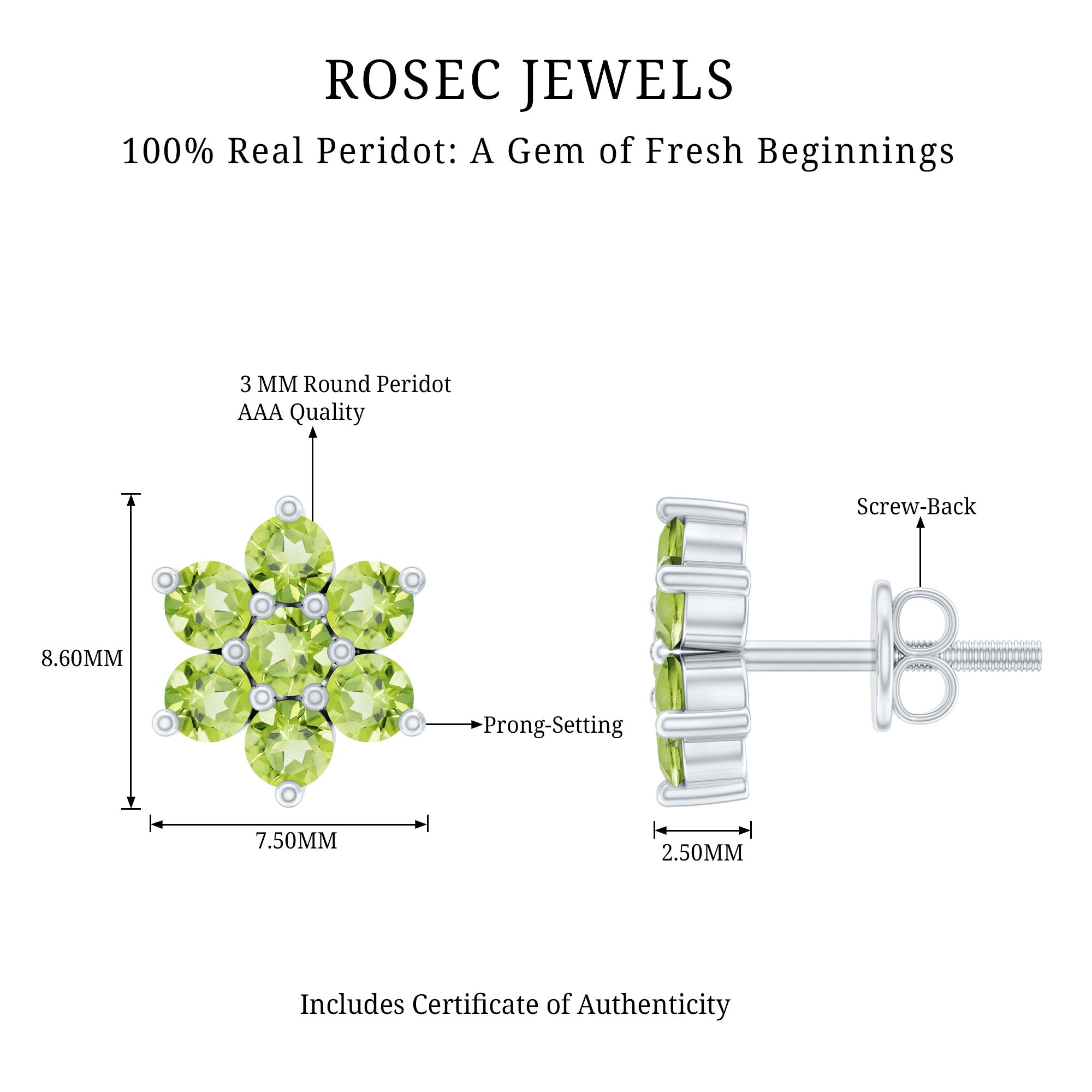 Real 2.24 Carat Peridot Flower Cluster Stud Earrings AAA - Rosec Jewels