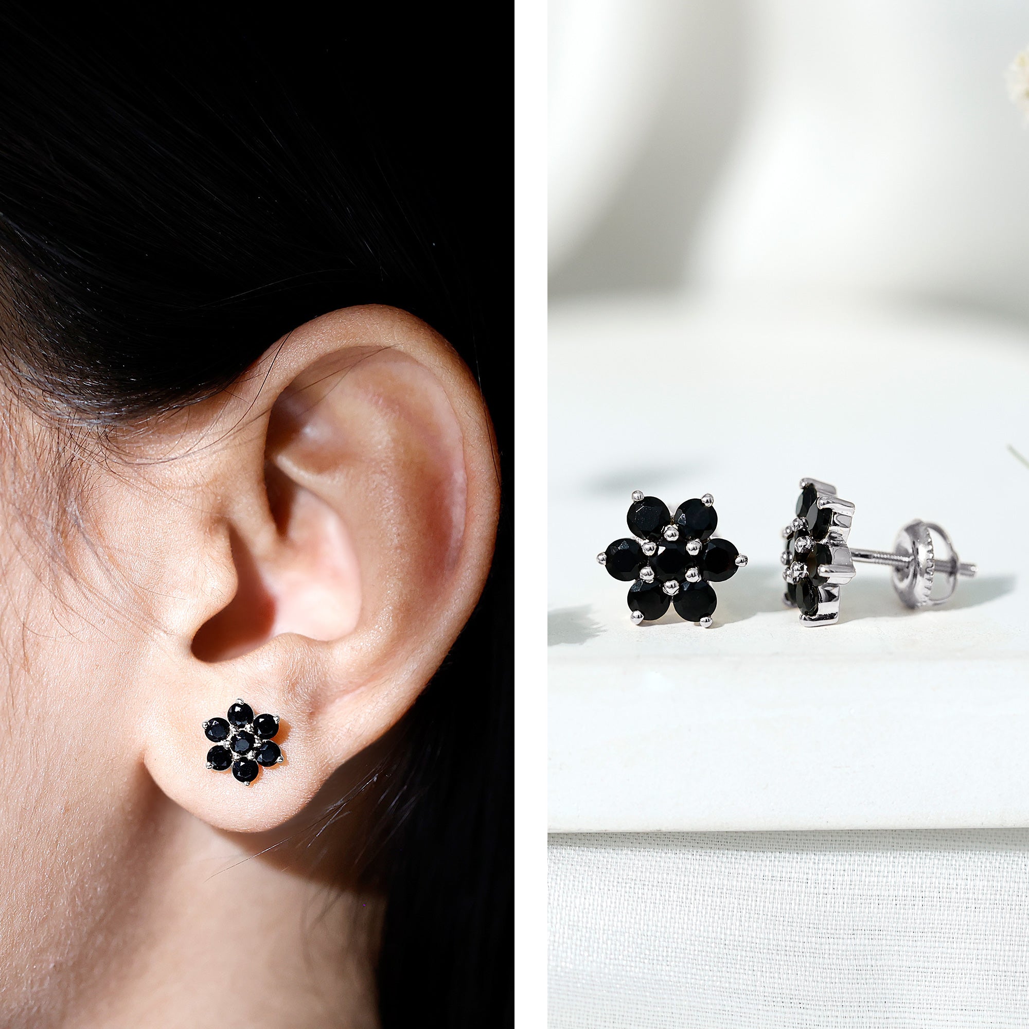 Natural Black Spinel Floral Cluster Stud Earrings AAA - Rosec Jewels