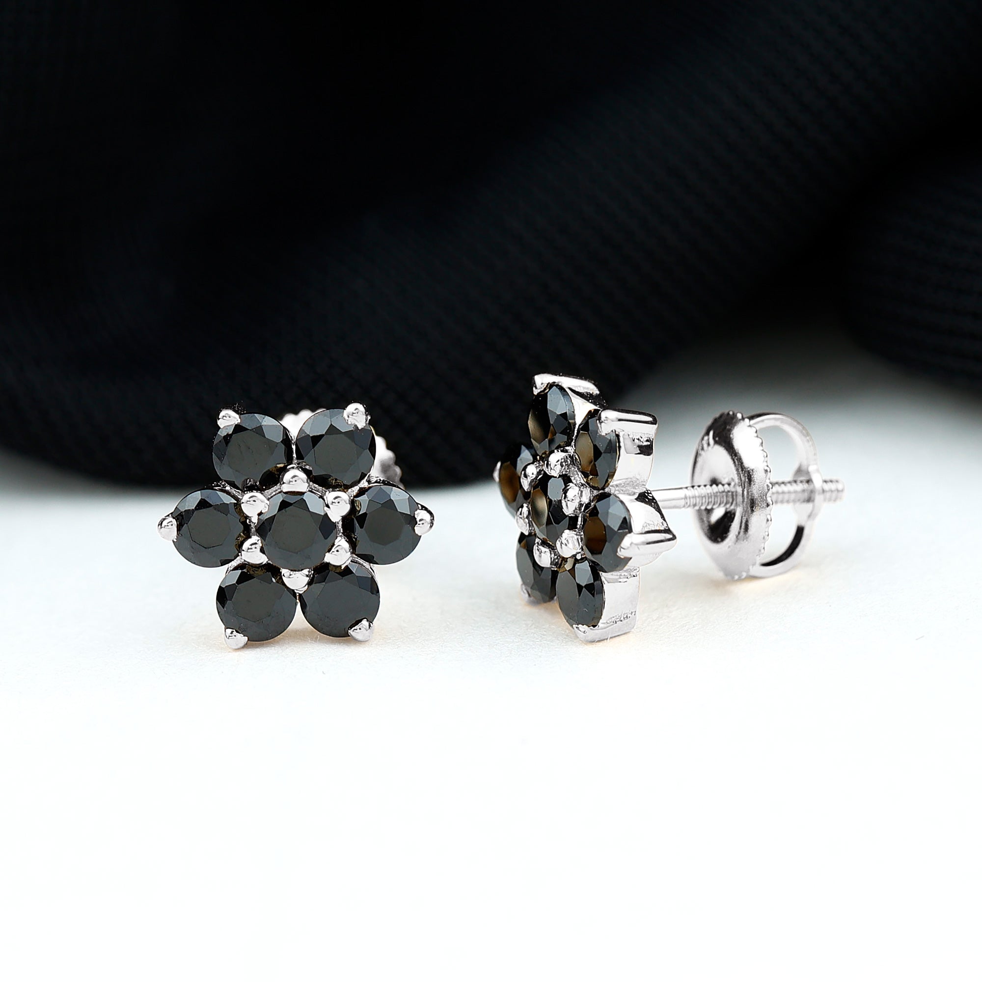 Natural Black Spinel Floral Cluster Stud Earrings AAA - Rosec Jewels