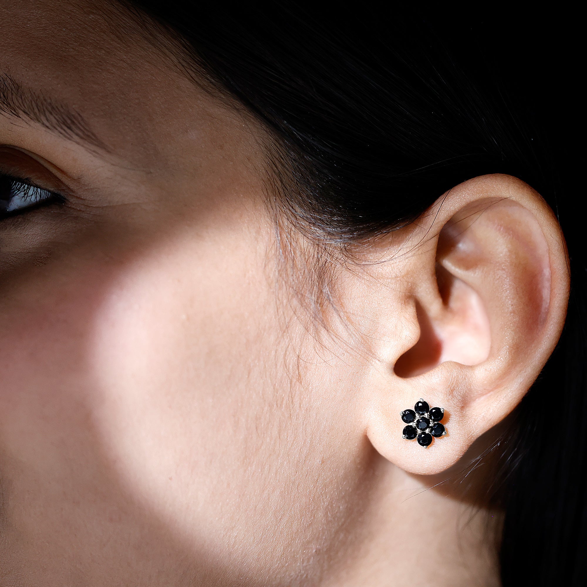 Natural Black Spinel Floral Cluster Stud Earrings AAA - Rosec Jewels