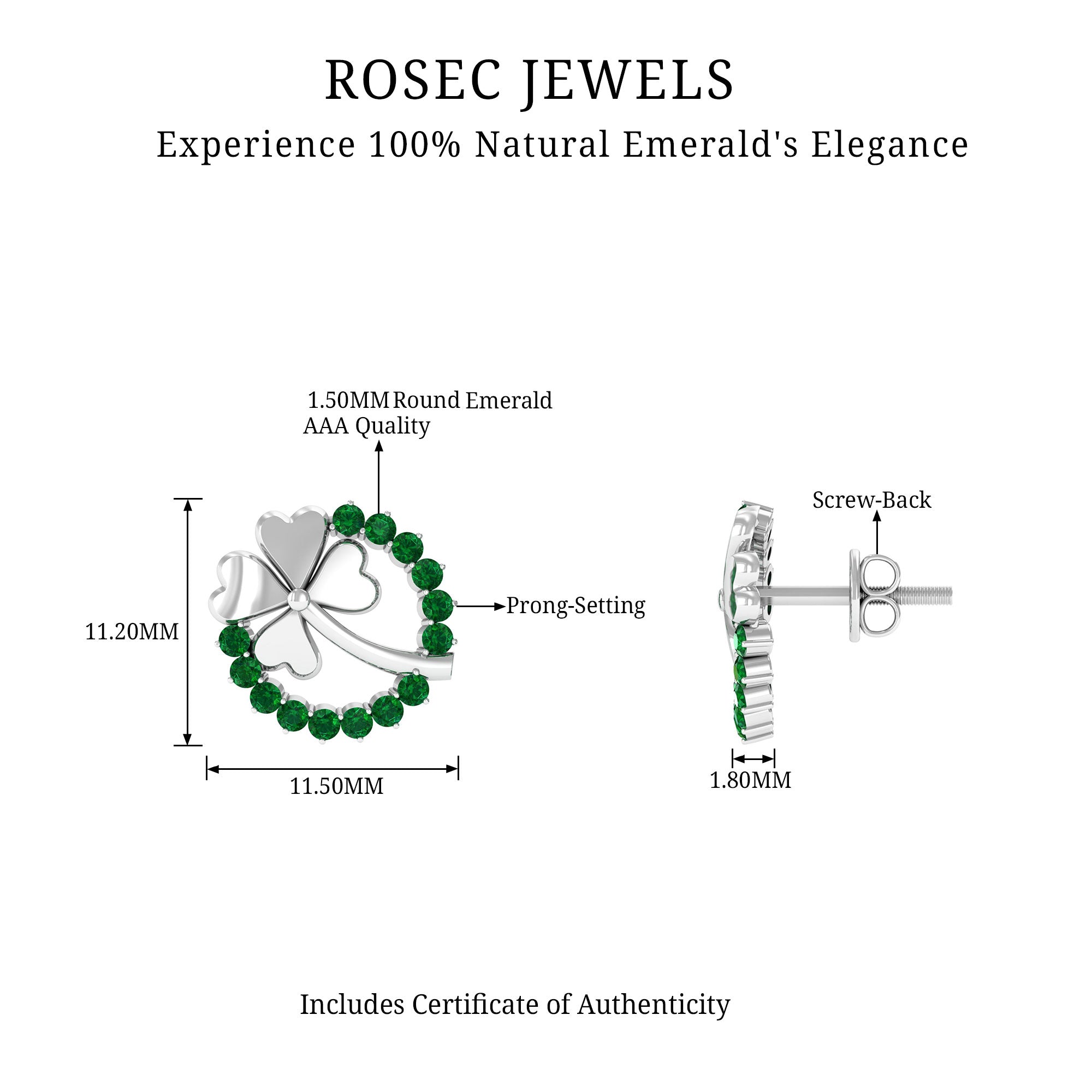 Genuine Emerald Clover Stud Earrings for Women AAA - Rosec Jewels