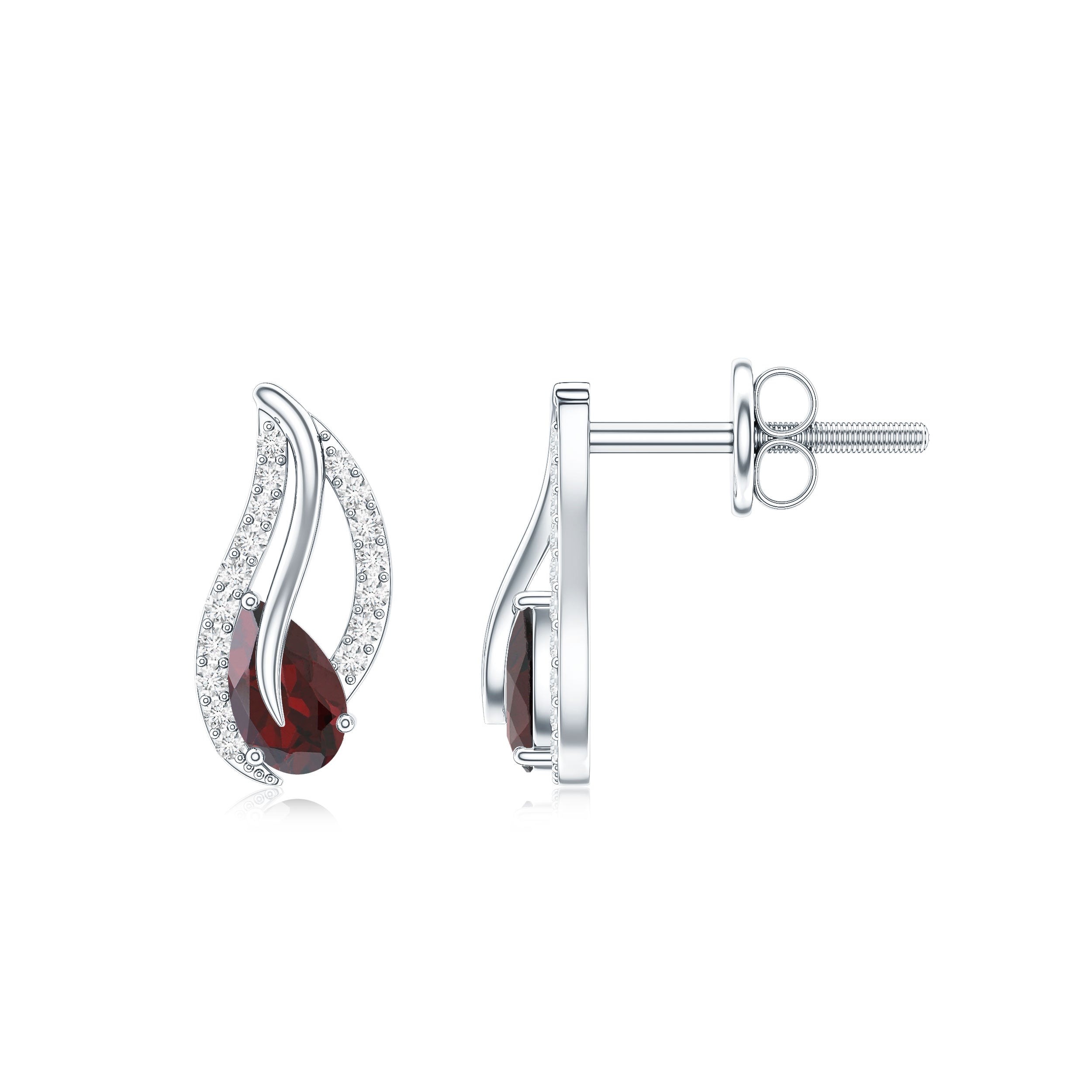 Pear Shape Garnet and Diamond Leaf Stud Earrings AAA - Rosec Jewels