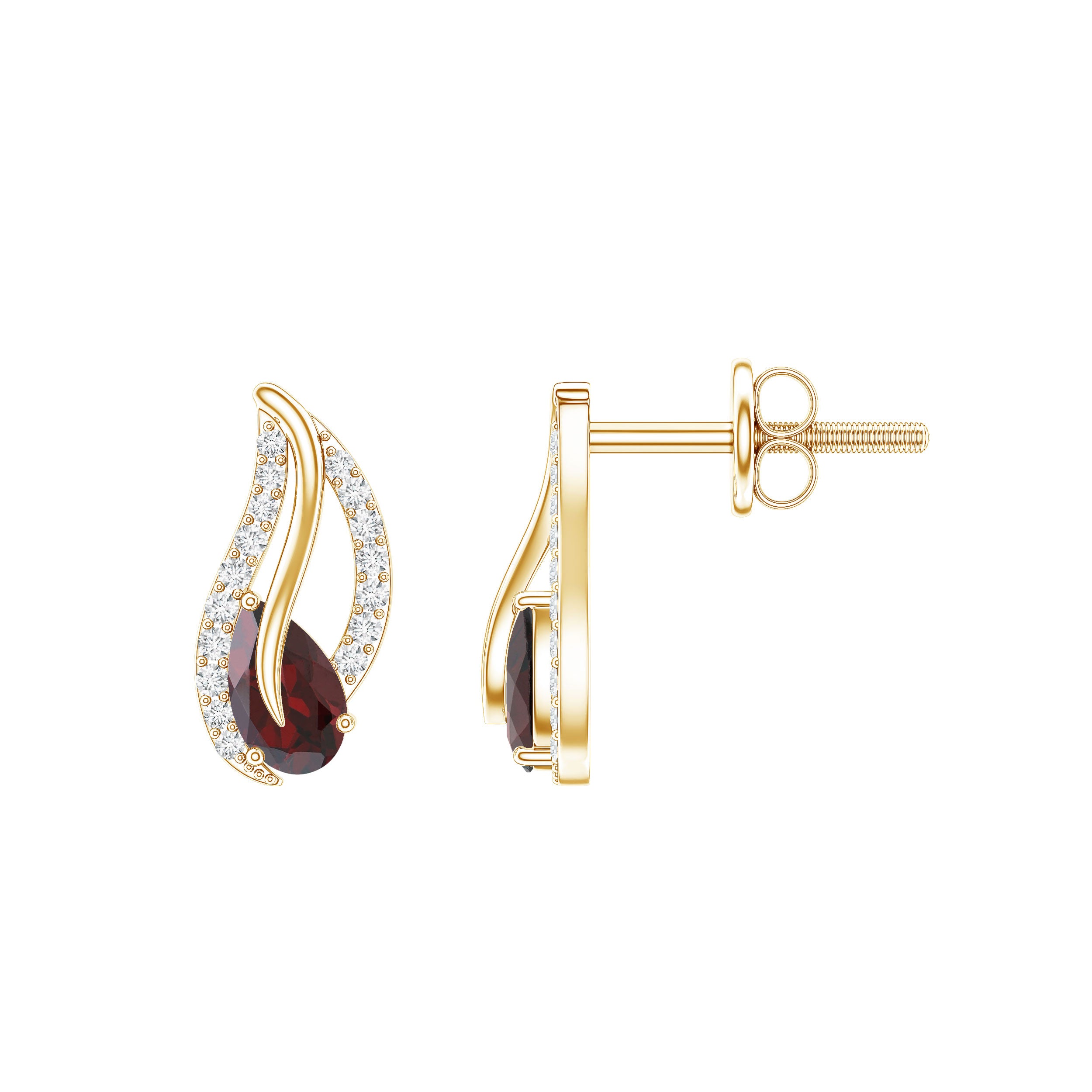 Pear Shape Garnet and Diamond Leaf Stud Earrings AAA - Rosec Jewels