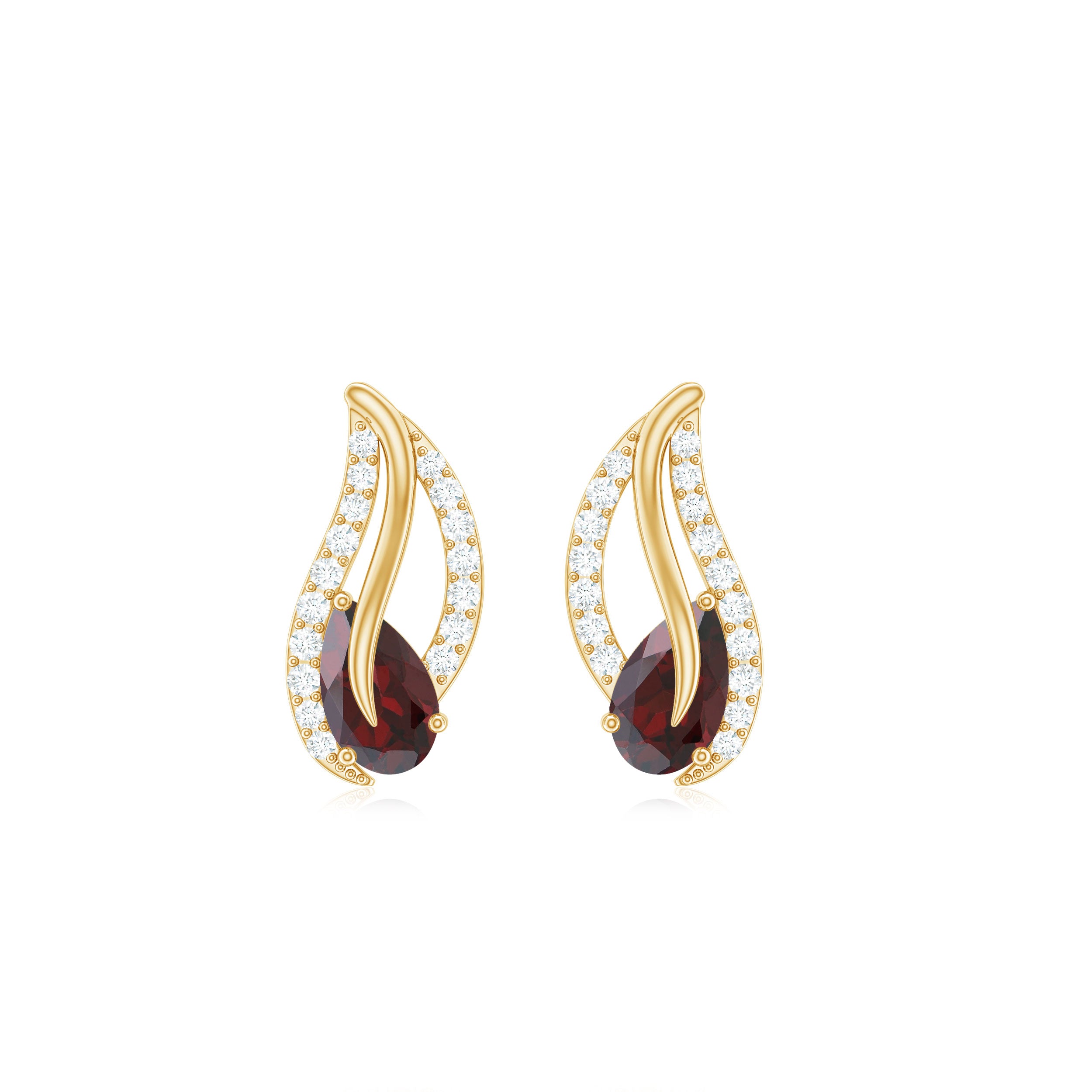 Pear Shape Garnet and Diamond Leaf Stud Earrings AAA - Rosec Jewels