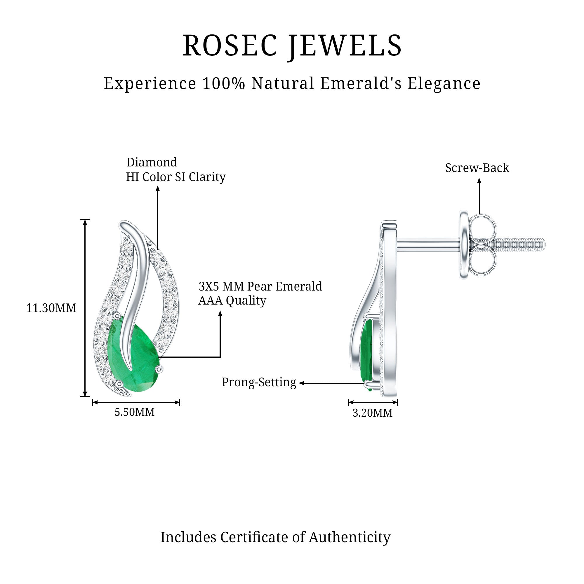 Genuine Emerald Leaf Earrings with Diamond AAA - Rosec Jewels