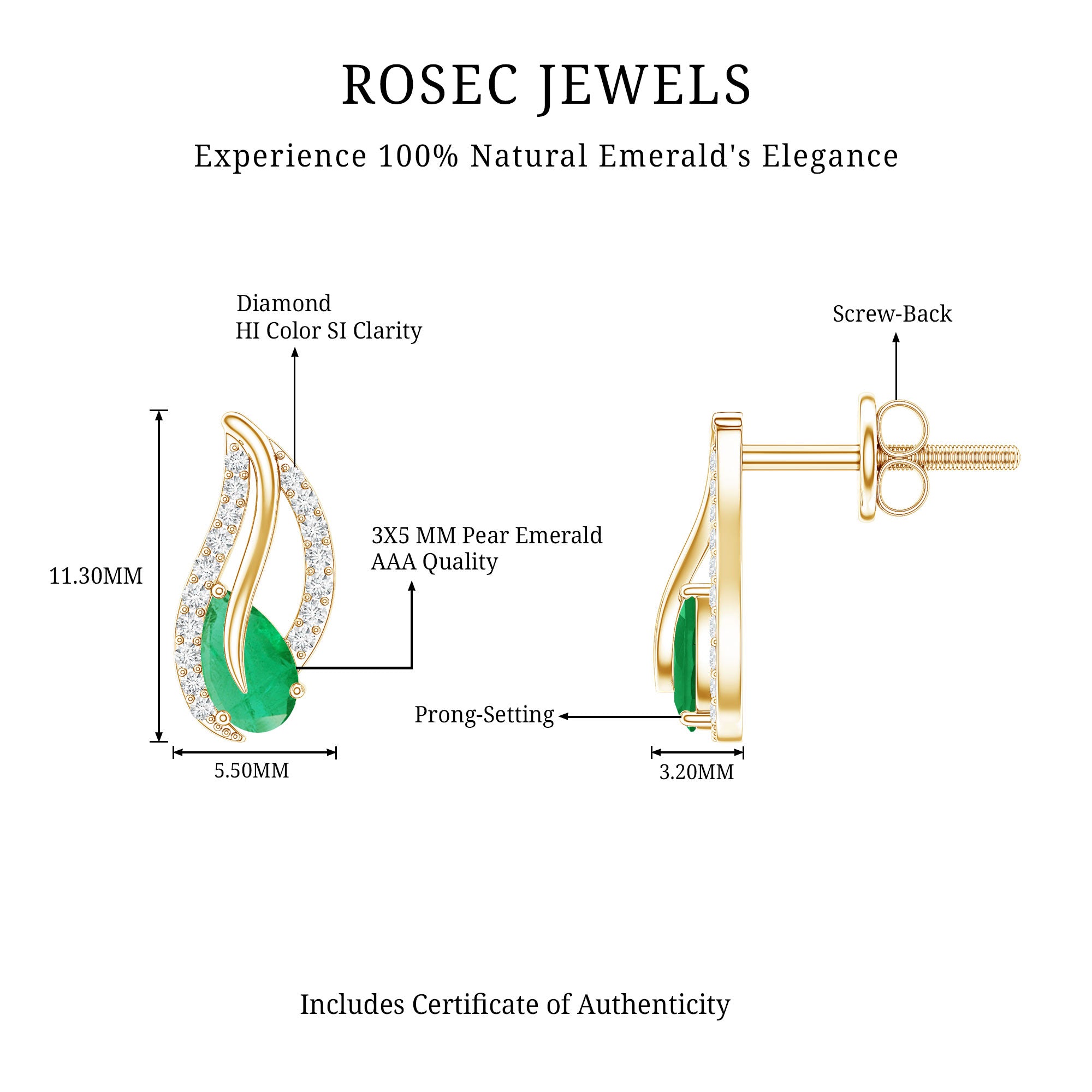 Genuine Emerald Leaf Earrings with Diamond AAA - Rosec Jewels