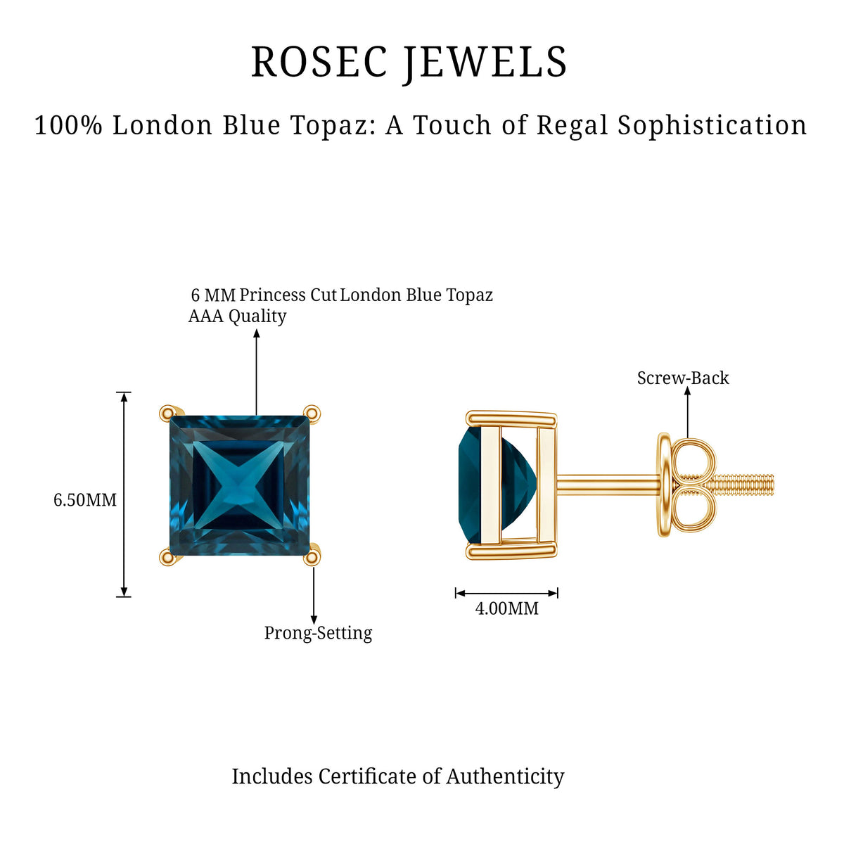 Princess Cut 2 Carat London Blue Topaz Solitaire Stud Earrings AAA - Rosec Jewels
