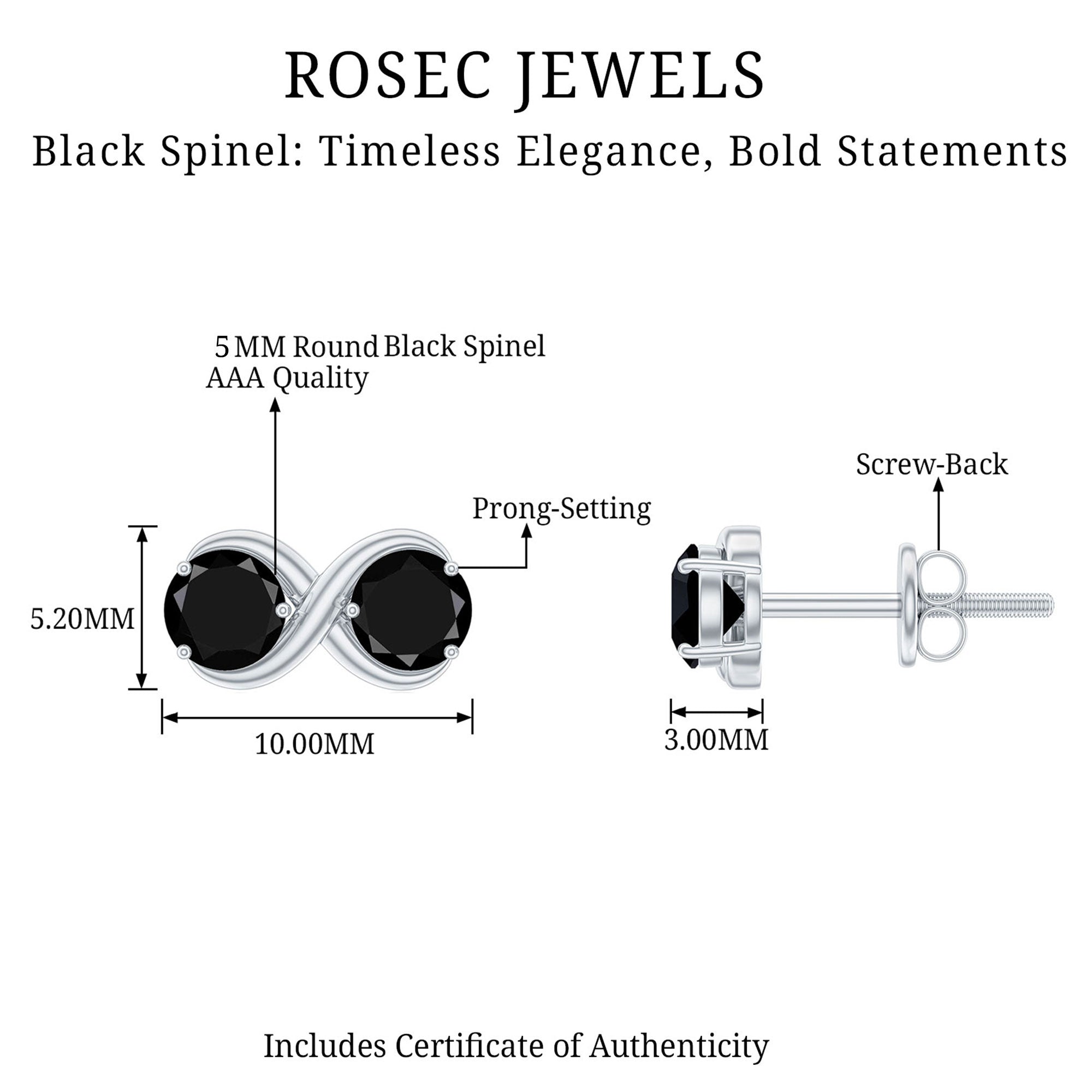 Genuine 1.8 Carat Black Spinel Two Stone Infinity Stud Earrings AAA - Rosec Jewels