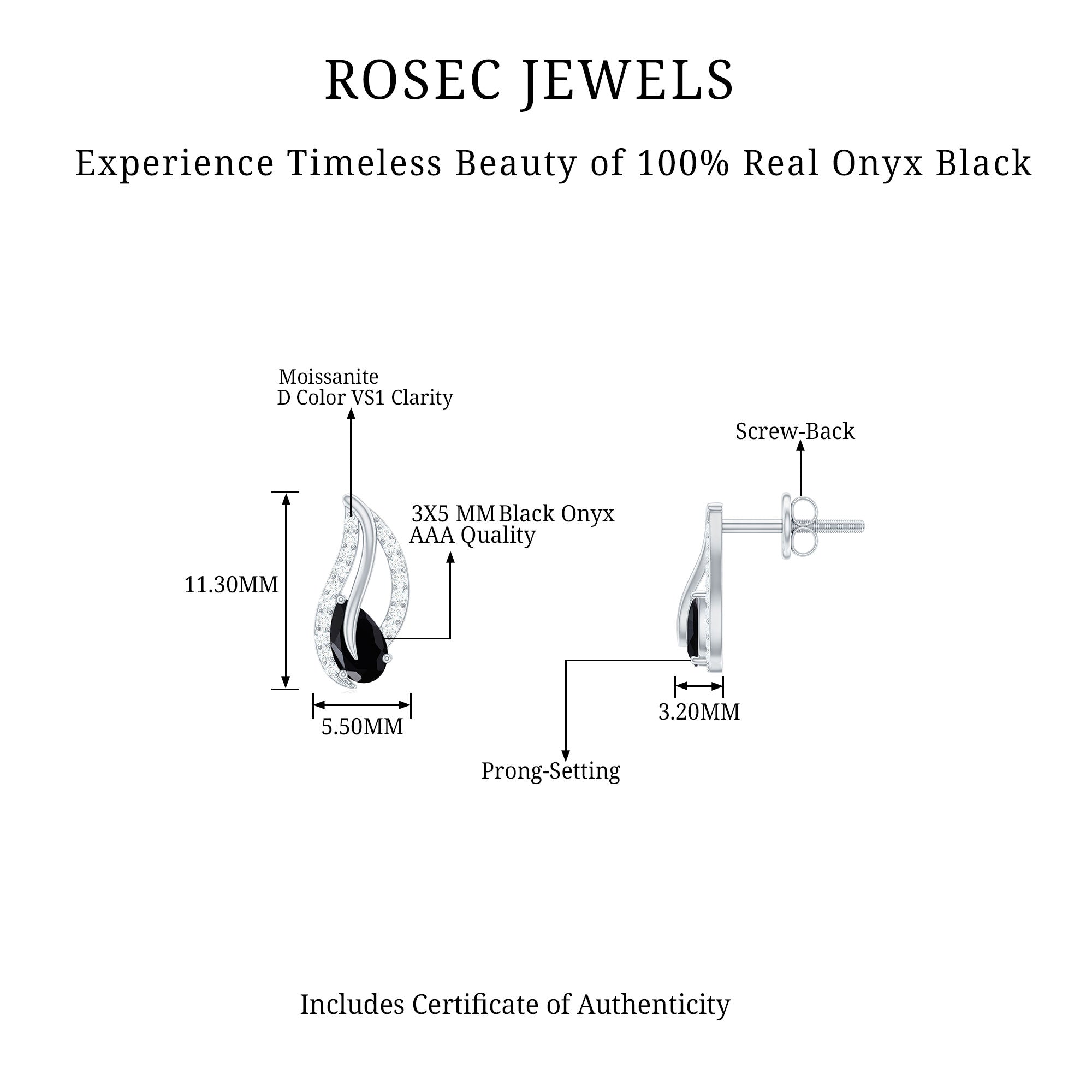 Genuine Pear Shape Black Onyx leaf Stud Earrings With Certificate AAA - Rosec Jewels