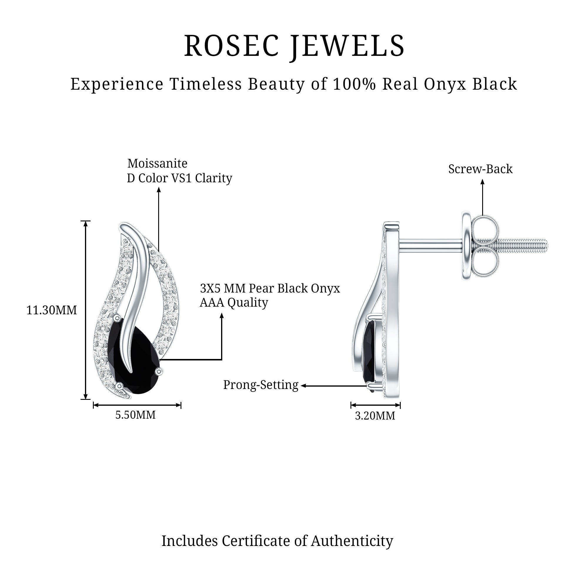Genuine Pear Shape Black Onyx leaf Stud Earrings With Certificate AAA - Rosec Jewels