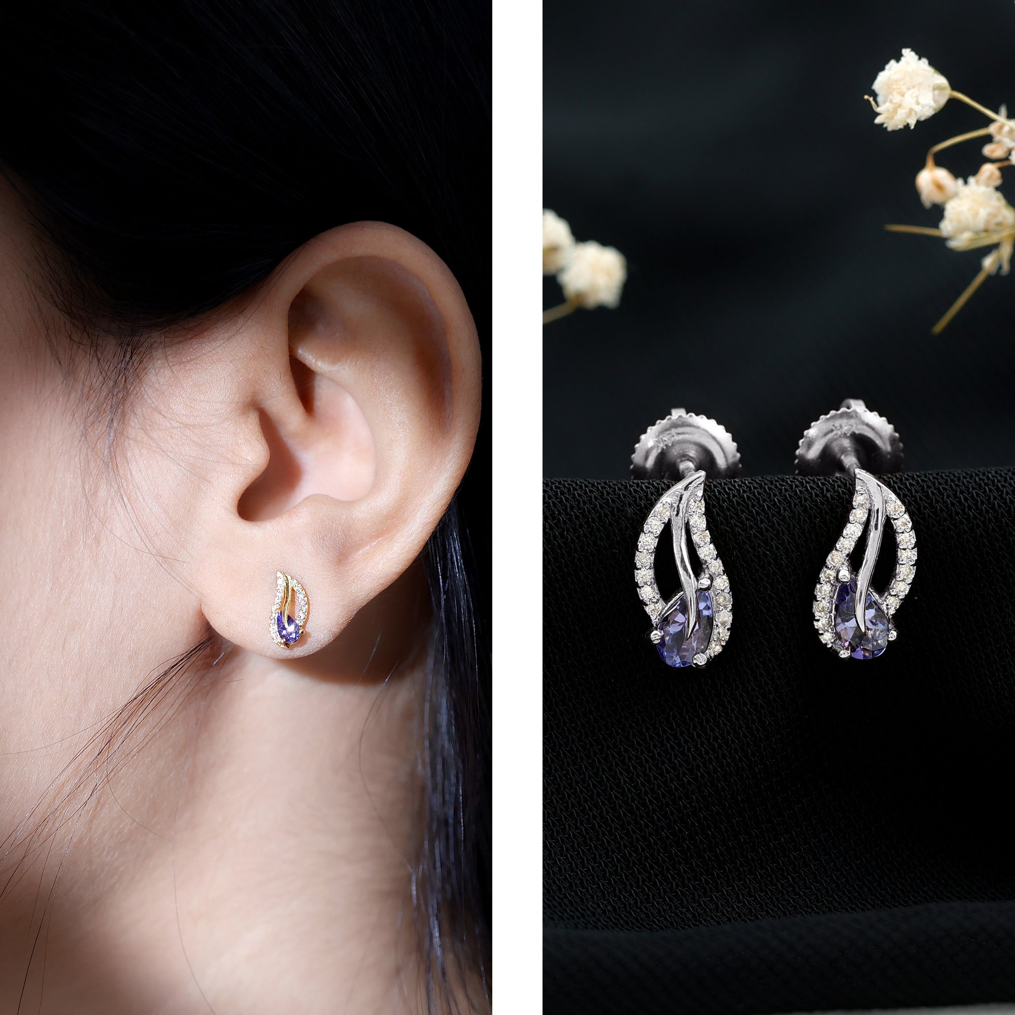 Pear Shape Tanzanite and Diamond Leaf Stud Earrings AAA - Rosec Jewels