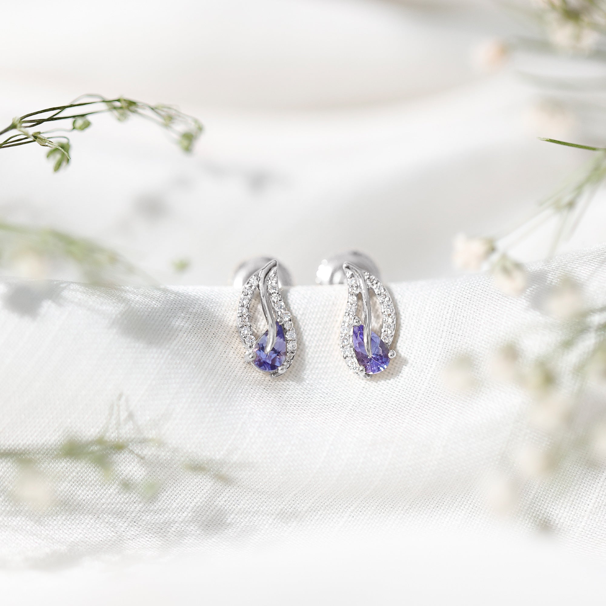 Pear Shape Tanzanite and Diamond Leaf Stud Earrings AAA - Rosec Jewels