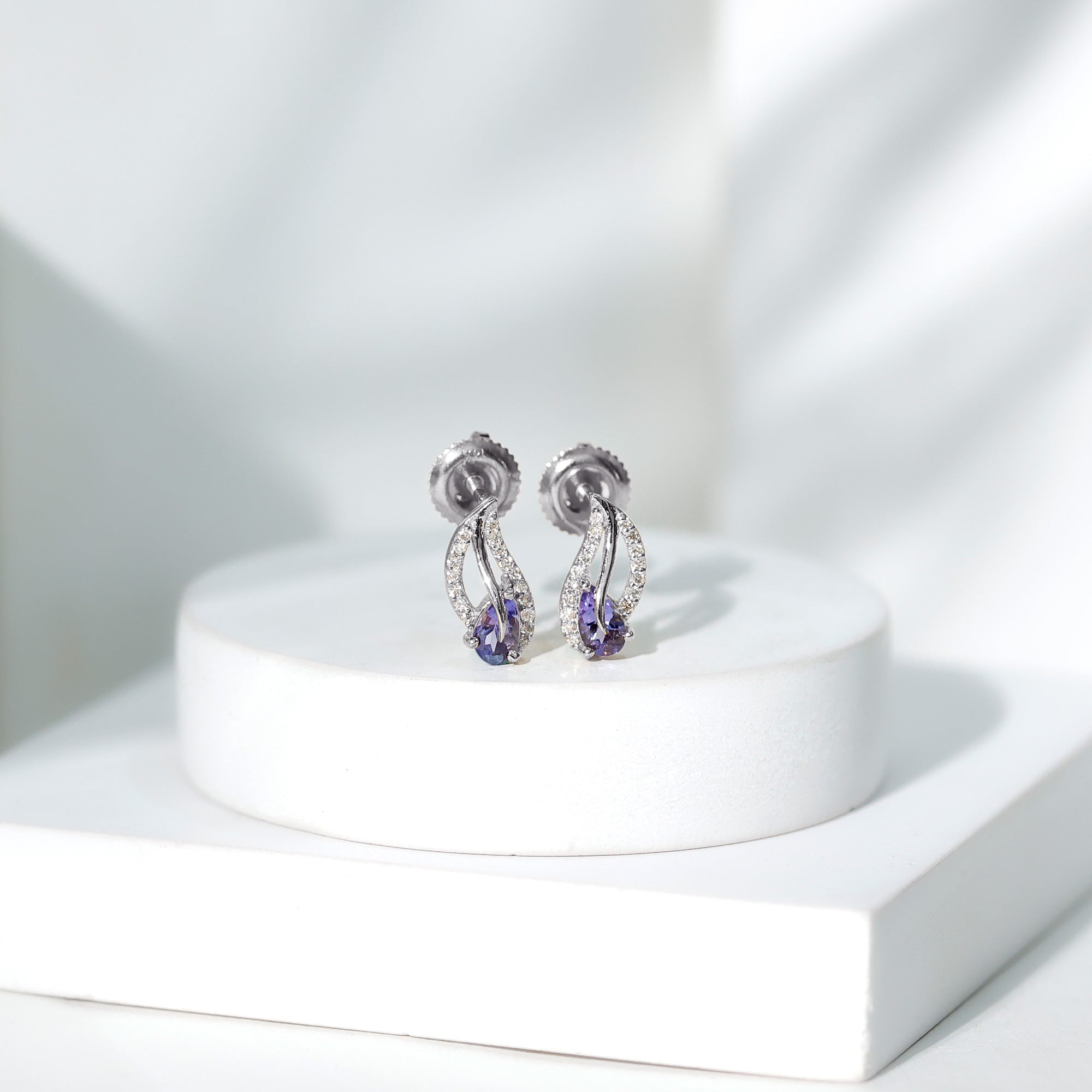 Pear Shape Tanzanite and Diamond Leaf Stud Earrings AAA - Rosec Jewels