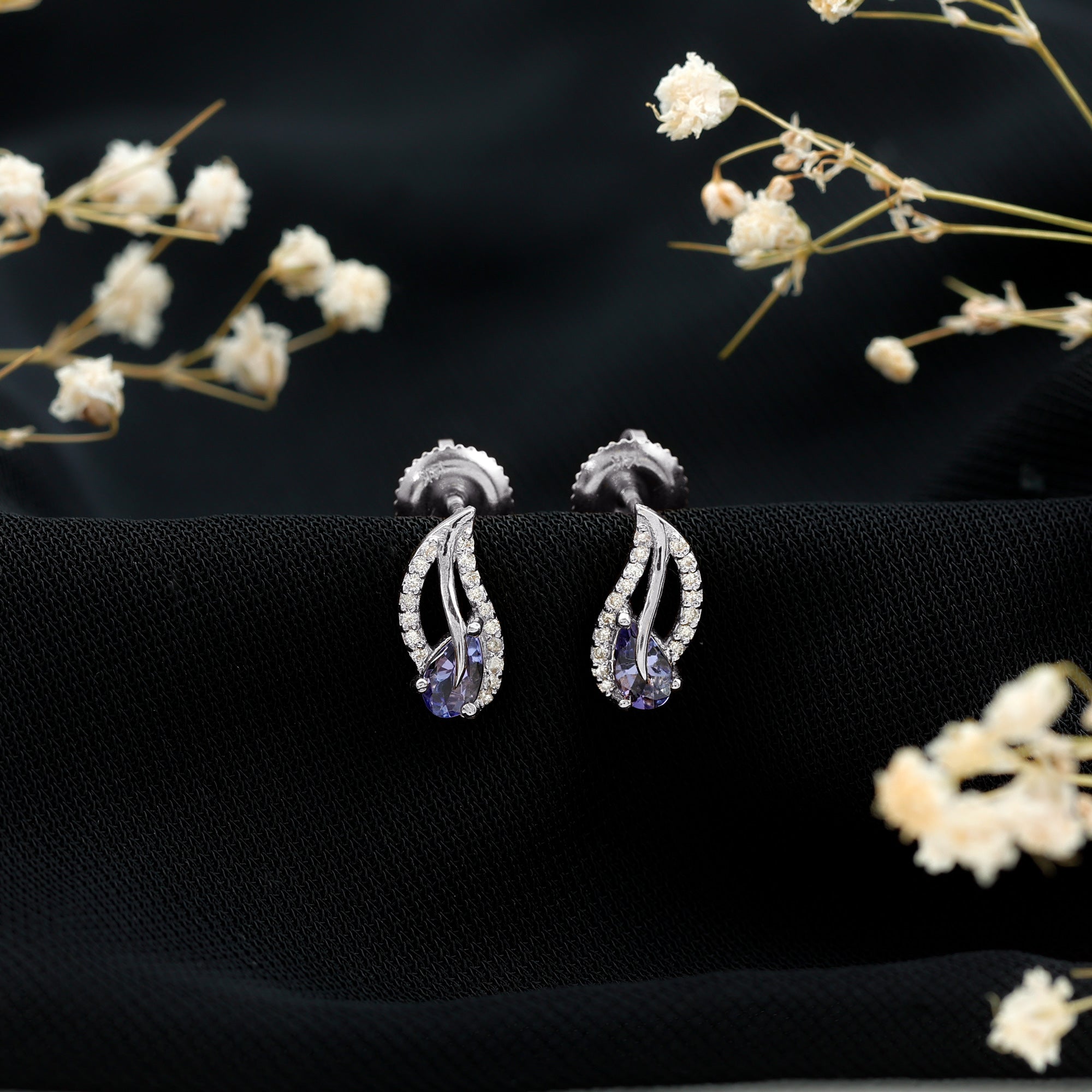 Pear Shape Tanzanite and Diamond Leaf Stud Earrings AAA - Rosec Jewels