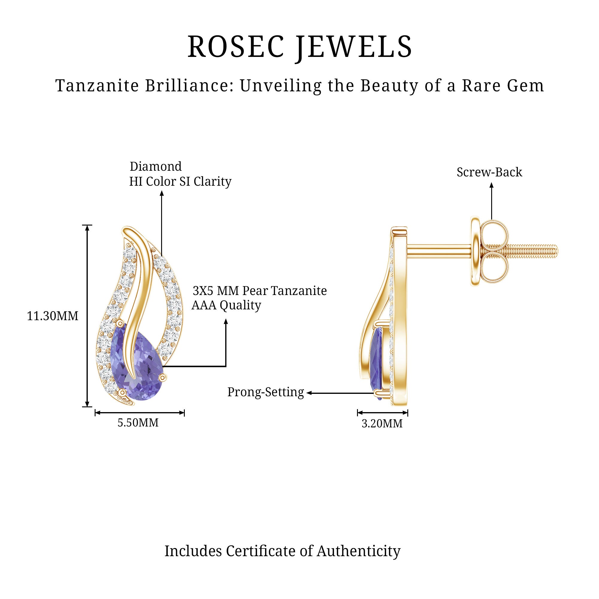 Pear Shape Tanzanite and Diamond Leaf Stud Earrings AAA - Rosec Jewels