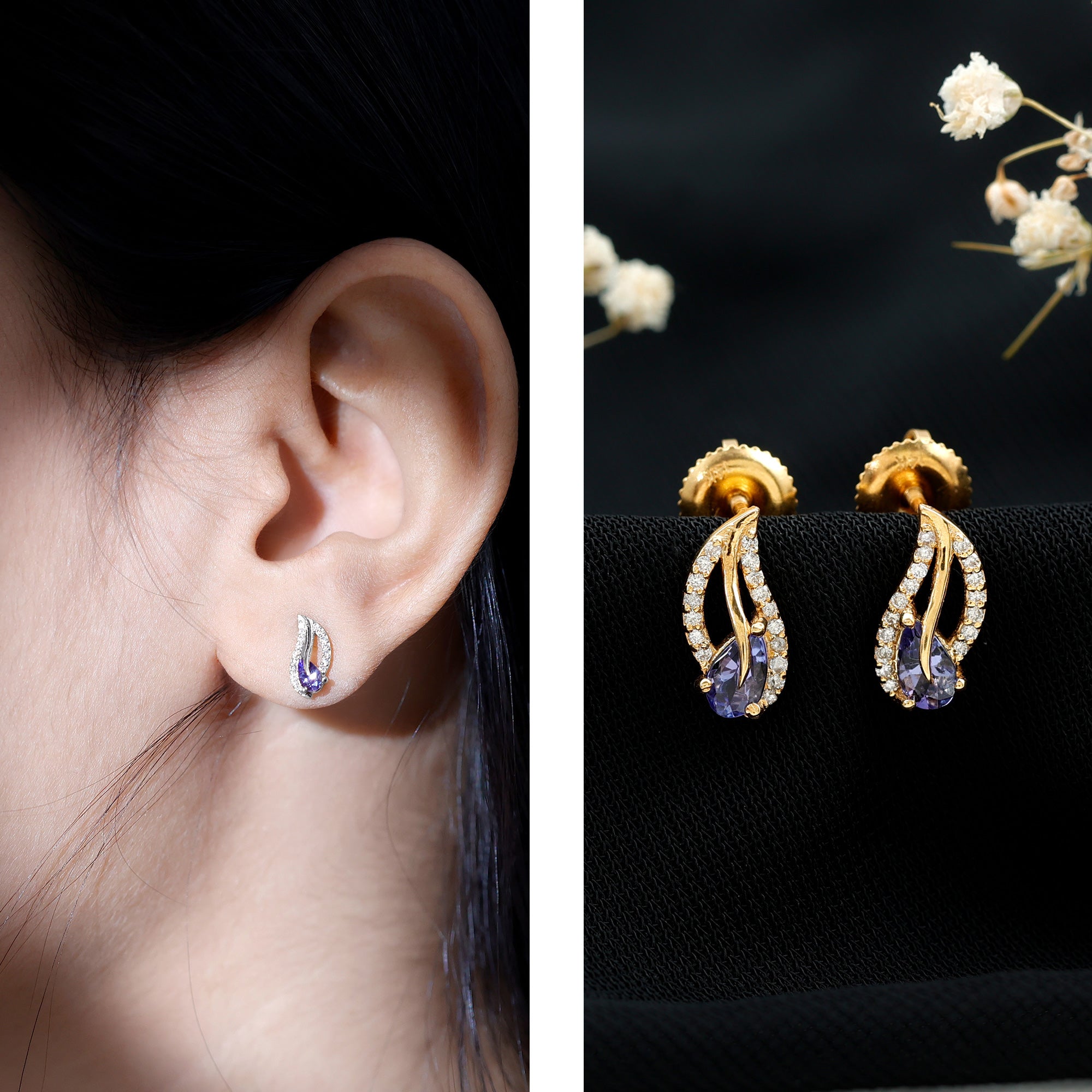 Pear Shape Tanzanite and Diamond Leaf Stud Earrings AAA - Rosec Jewels
