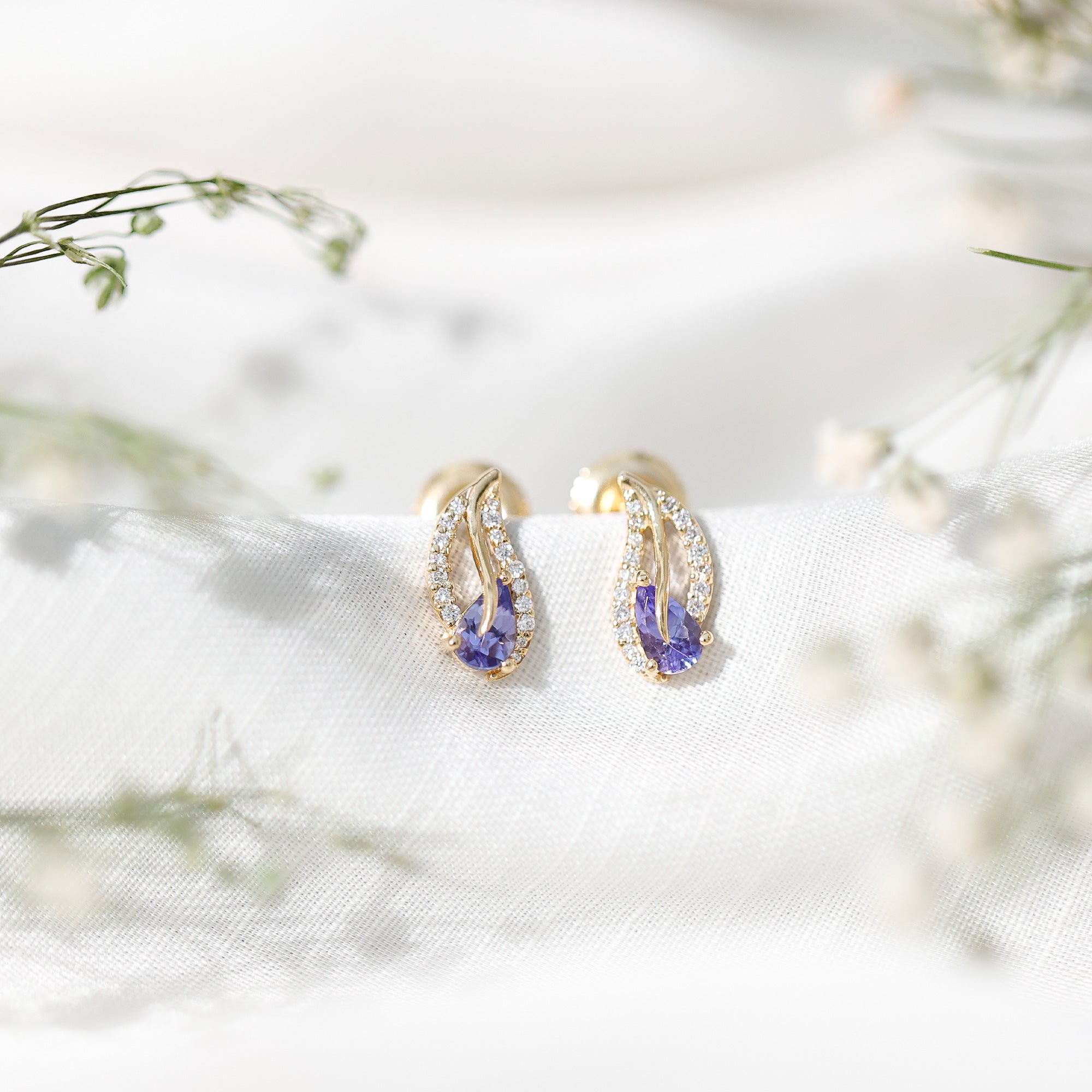 Pear Shape Tanzanite and Diamond Leaf Stud Earrings AAA - Rosec Jewels