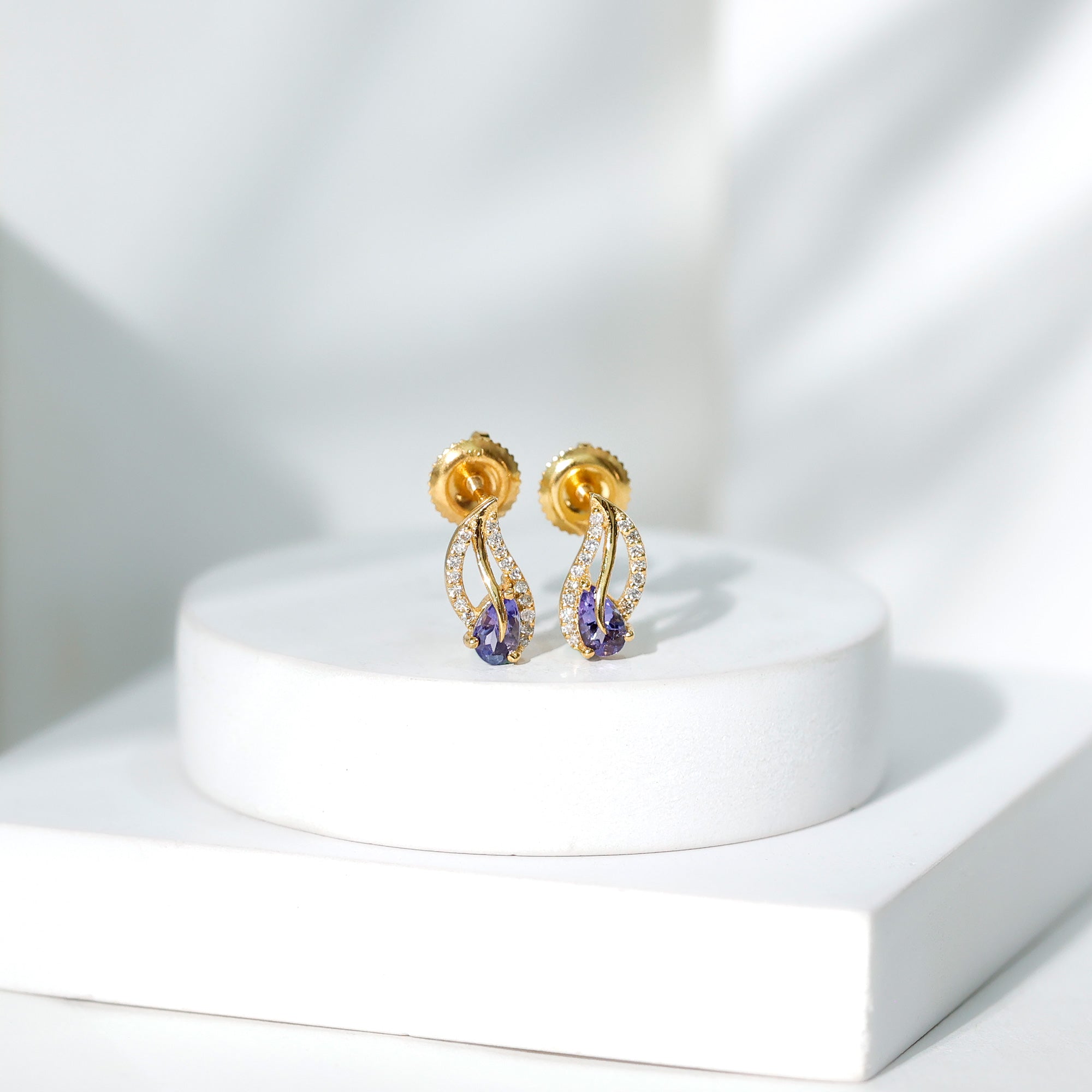Pear Shape Tanzanite and Diamond Leaf Stud Earrings AAA - Rosec Jewels